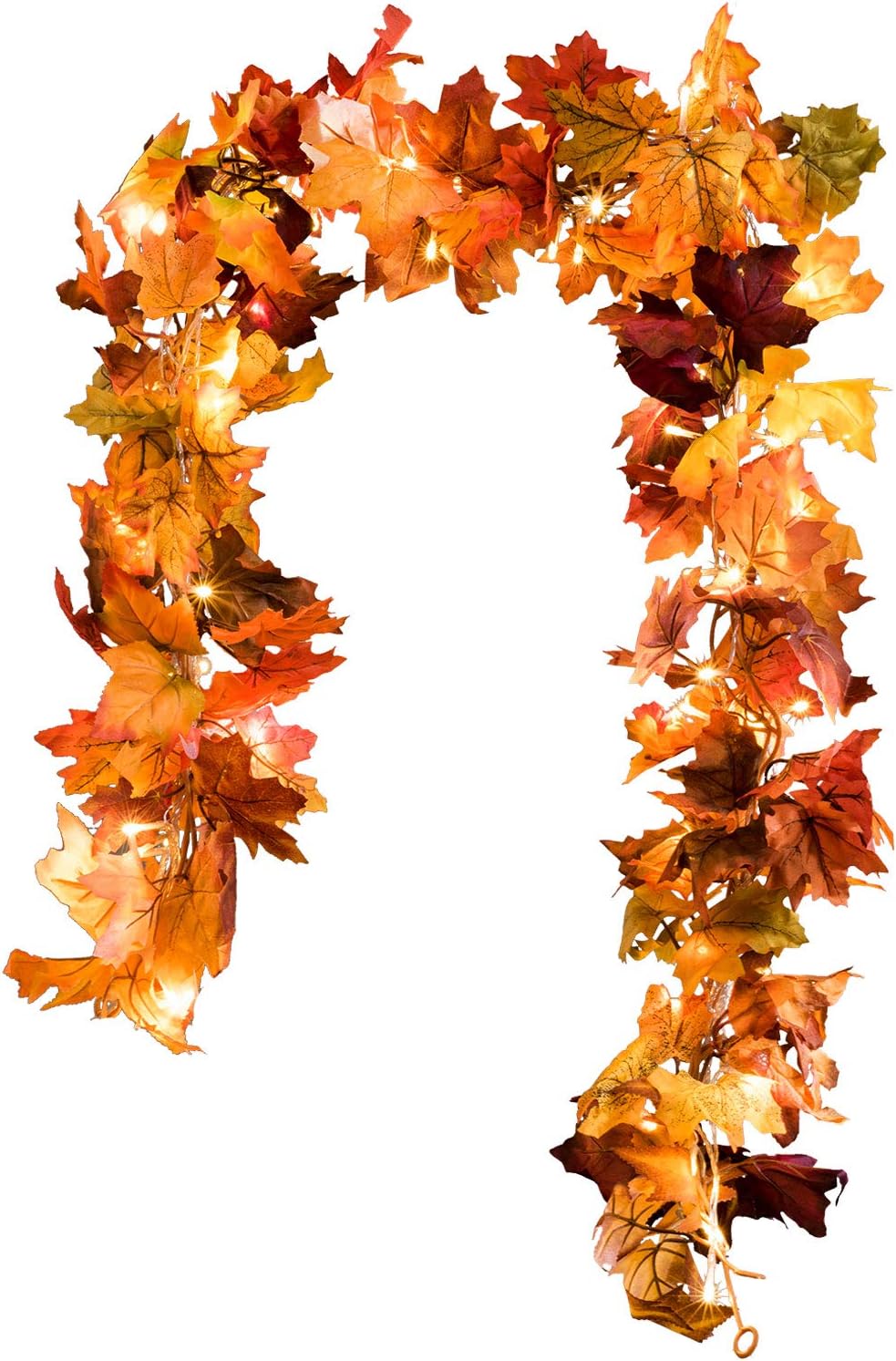 DearHouse 2 Pack Fall Maple Leaf Garland, 5.9Ft/Piece Hanging Vine With 16.4ft 40 Led String Light, Artificial Autumn Thanksgiving Decor for Home Wedding Fireplace Party