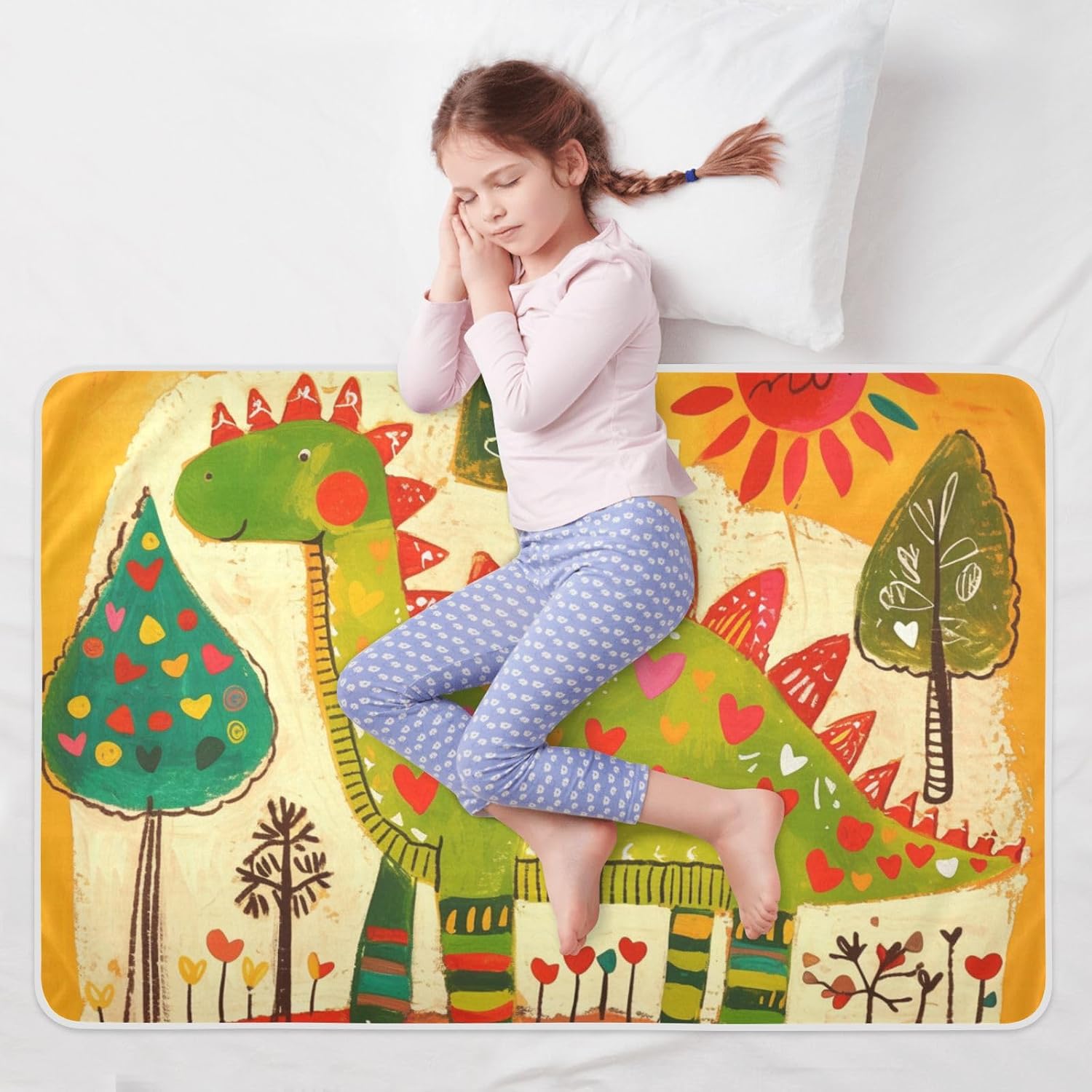 Doodle-style Cartoon Dinosaur Heart-shaped Extra Large Resuable Toddler Mattress Pads Water Resistant Potty Training Mattress Pad Slip-Resistant Cradle Mattress for Baby Toddler Children , 52"L x 34"W