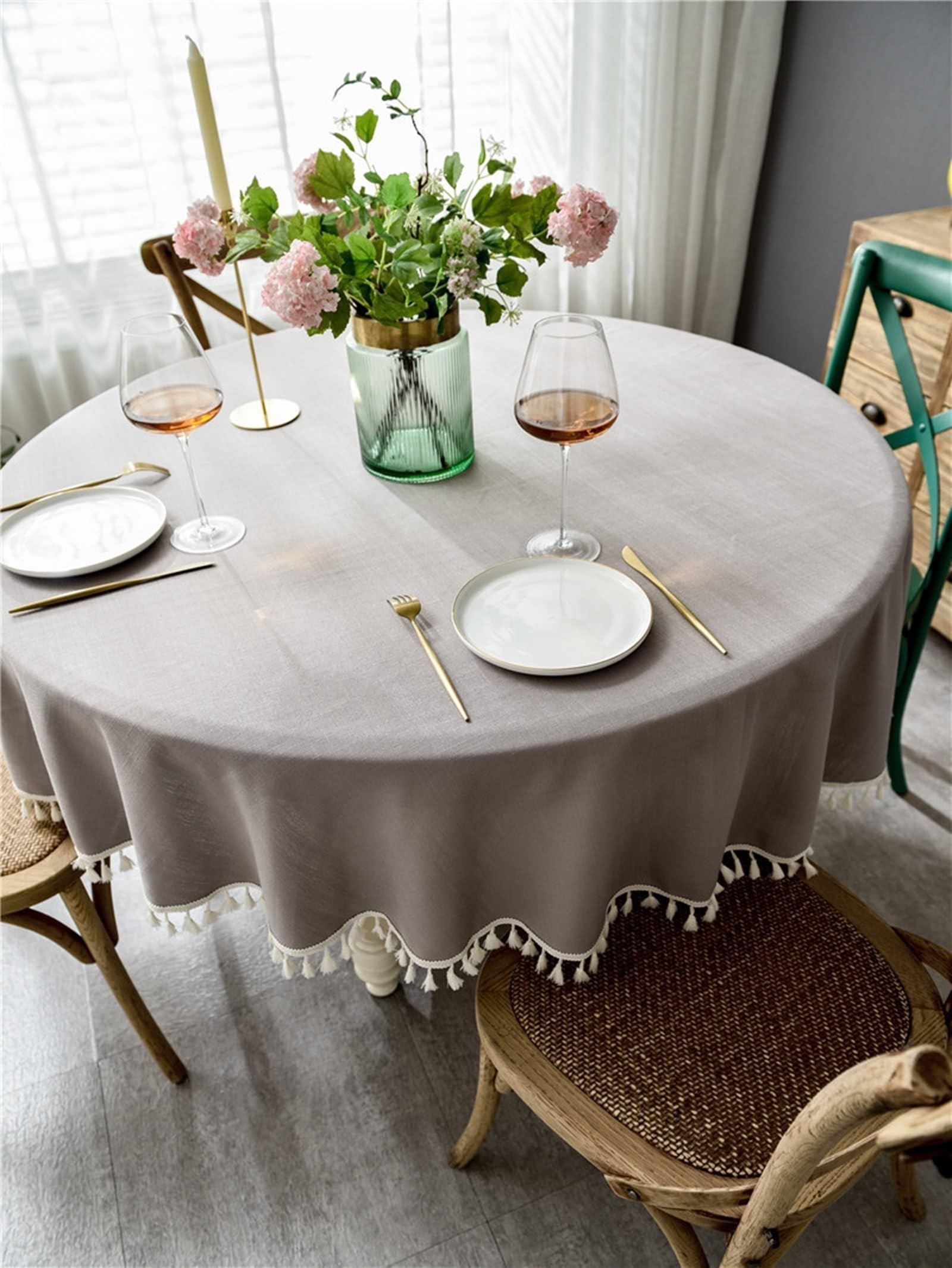 Tablecloth szary, poliester obrus w jednolitym kolorze, zmywalny, okrągły, 240 cm, do salonu, jadalni, na balkon, do ogrodu