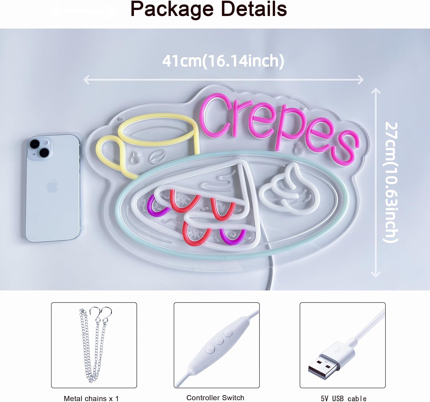 Crepes Neon Sign, Neon Lights Hanging Wall Art Decoration for Business Restaurant Shop Store House Bar Cafe Party Home Decor, USB Powered Ultra Bright Dimmable,16.14×10.63inches