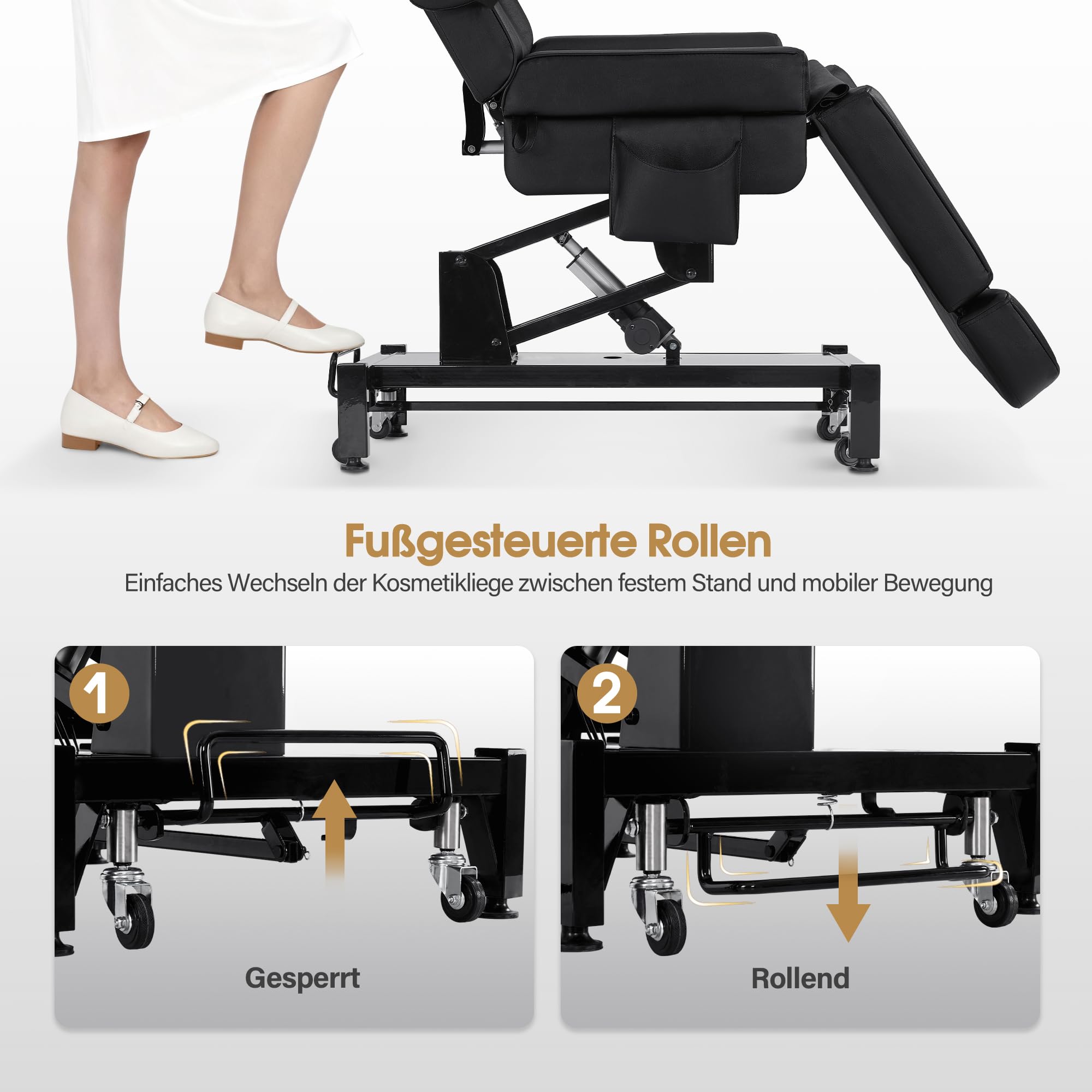 BarberPub Camilla de estética eléctrica con 3 Motores, Plegable y Ajustable 18 cm, reposabrazos giratorios 180°, para SPA (Negro/Cuero sintético)