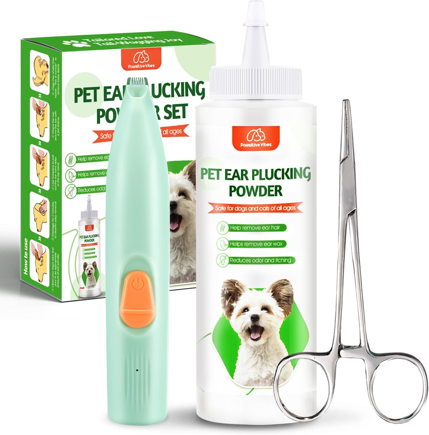 Dog Ear Powder Hair Removal Kit–Safe Grooming Set with 30g Ear Powder, LED Silent Trimmer & 5.5in Tweezers All-in-One Ear Care Solution for Dogs &Cats,Odor Control & Hygiene Support, Home Grooming Kit