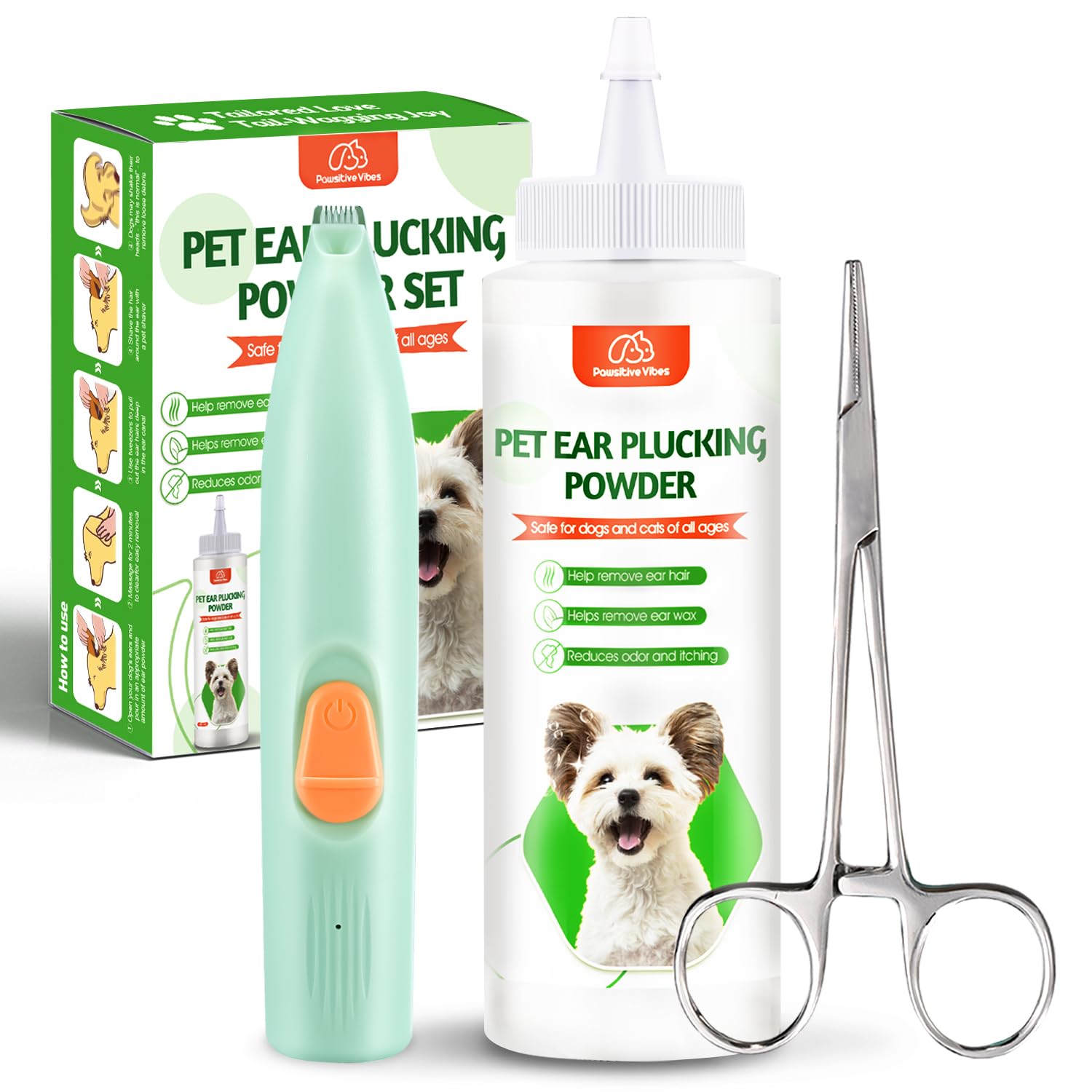 Dog Ear Powder Hair Removal Kit Safe Grooming Set with 30g Ear Powder LED Silent Trimmer 5 5in