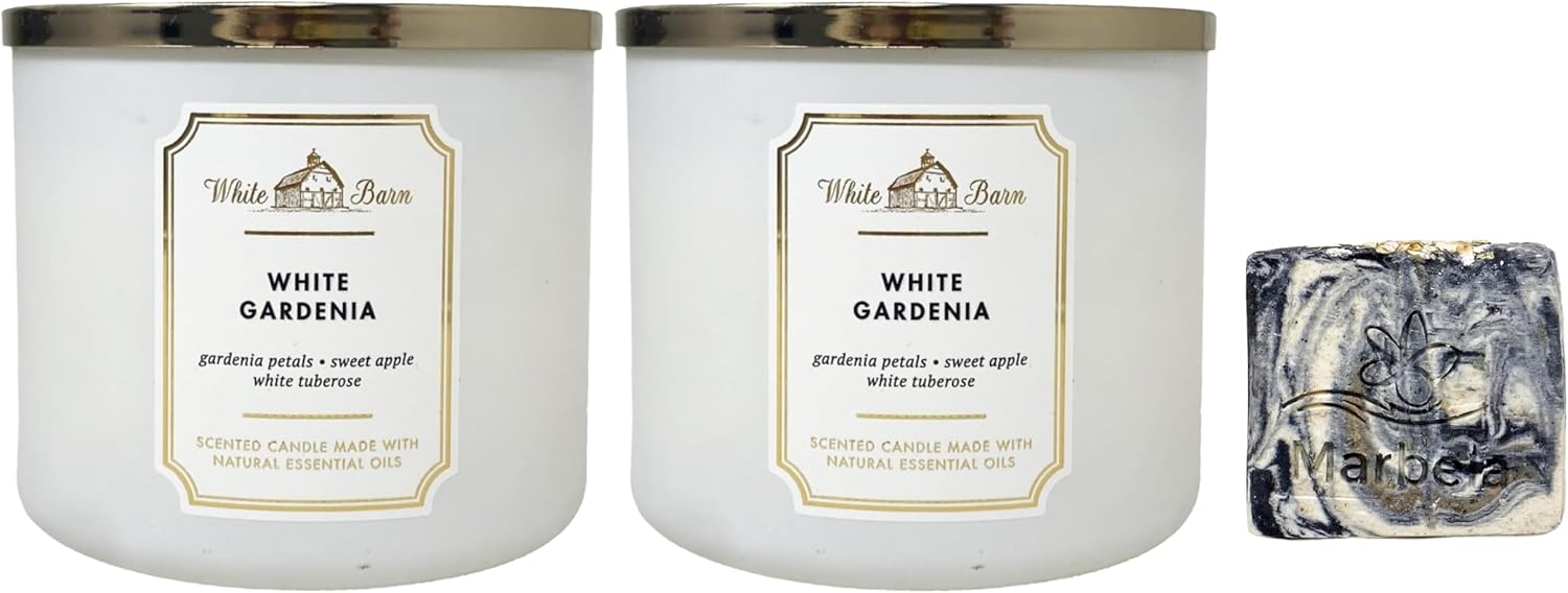 Bath & Body Works White Gardenia - 2 Piece of 3-Wick Scented Candle with a Charcoal Scrub Bar Soap.