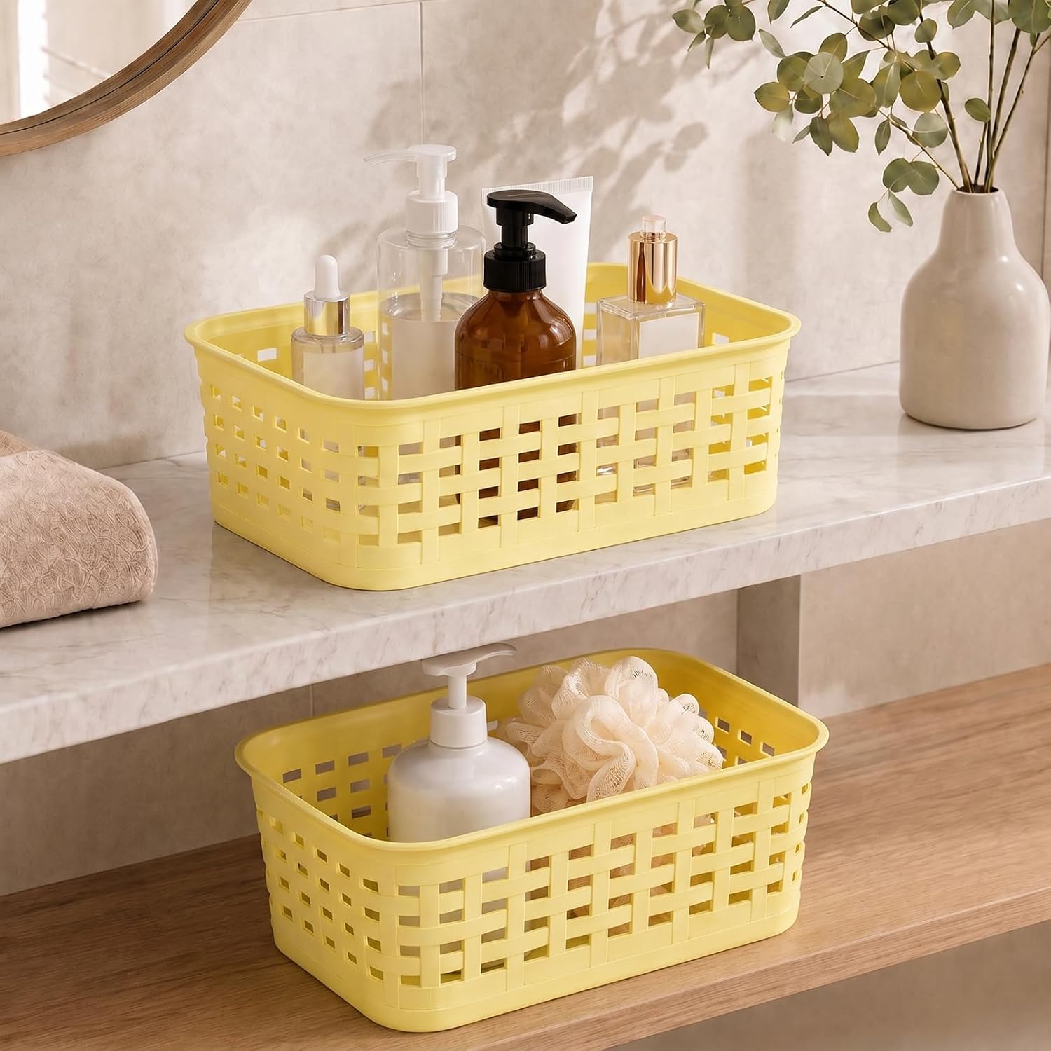 3 Pack Plastic Storage Baskets | Lightweight Plastic Storage Baskets, Small Organizer Bins Basket for Cabinets Shelves Pantry Countertops Kitchen Room Storage