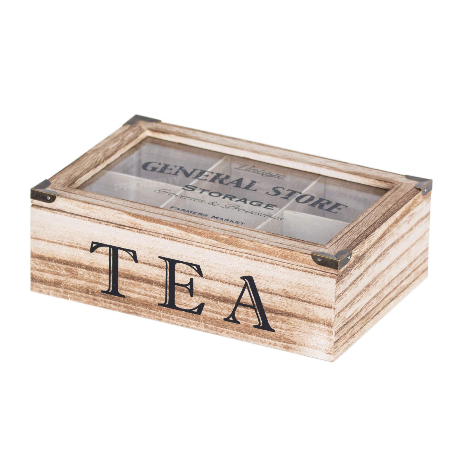 Prodbuy Brown Farmers Market Vintage Wooden 6 Compartment Tea Bag Storage Caddy Box