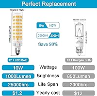 Vista 2 de Bombilla LED E11 regulable, JDE11 120 V 100 W equivalente a halógeno, base de mini candelabro T3/T4, 3000 K blanco cálido, 10 W, 1000 lúmenes