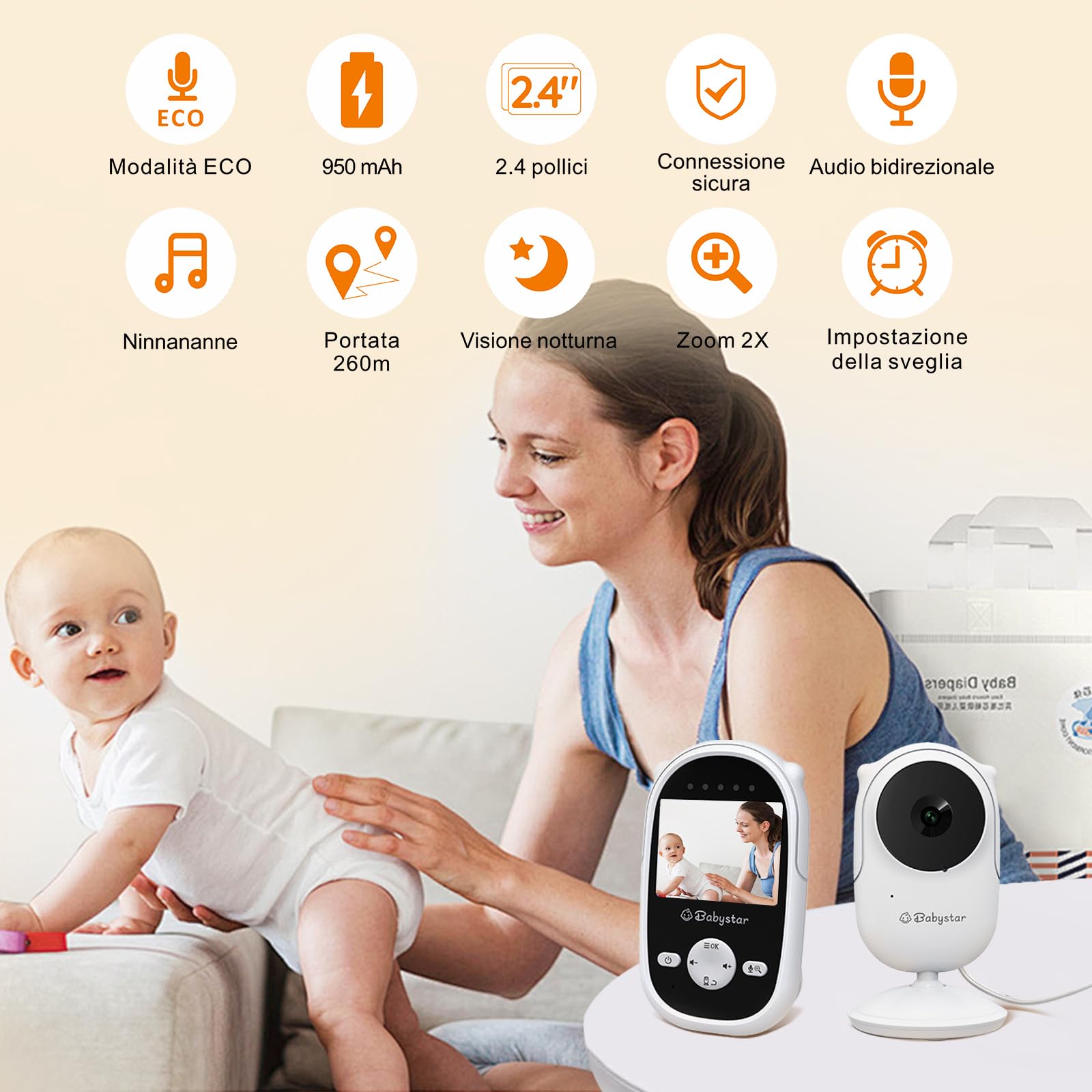 Babystar baby monitor con telecamera e visione notturna, video baby monitor wireless a 2,4 GHz con batteria ricaricabile, conversazione bidirezionale, schermo da 2,4 pollici, modalità ECO, ninne nanne