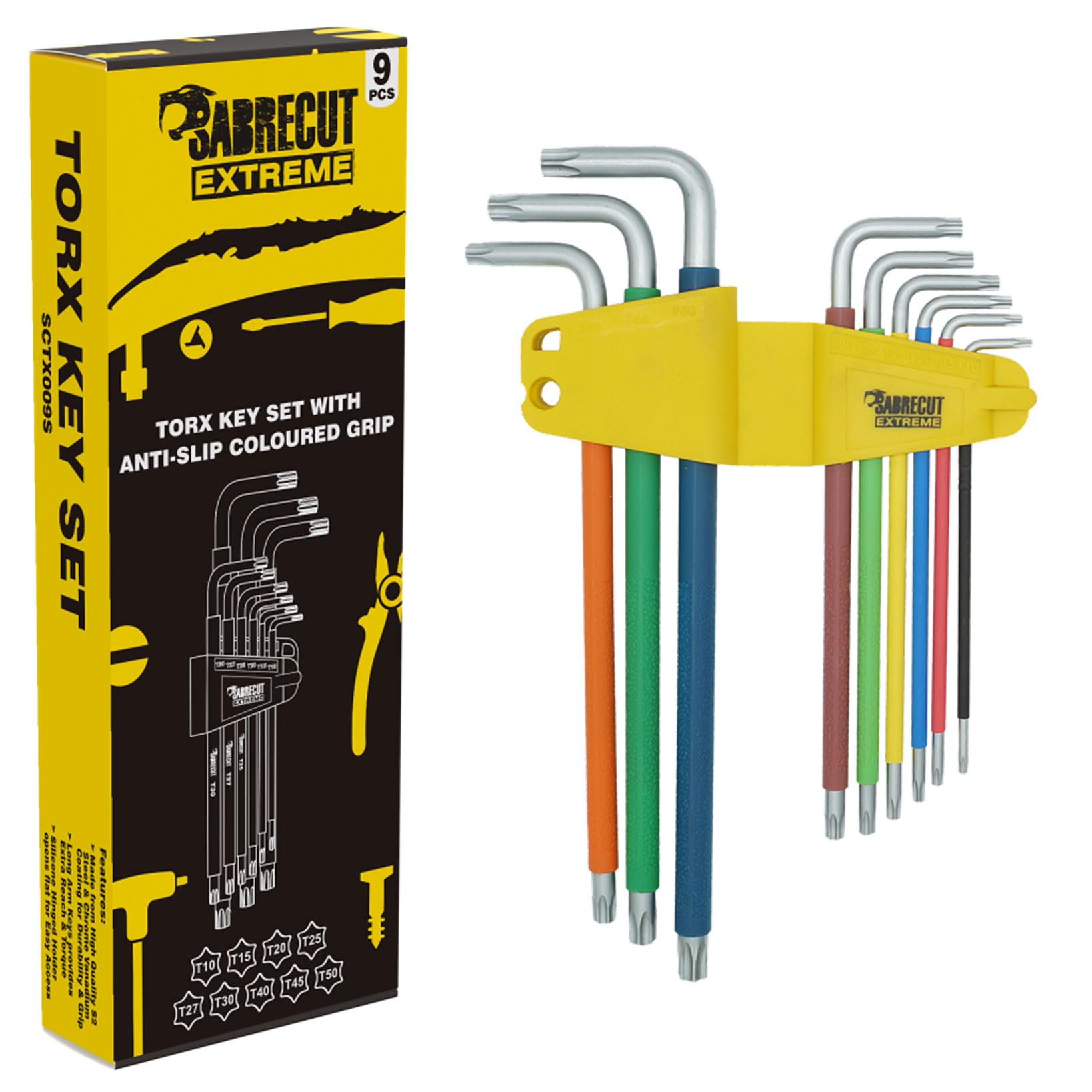 SabreCut Juego de llaves SCTGK1 de 18 piezas con agarre suave y comodidad extralargas hexagonales hexagonales de diamante Hex Plus y Torx con codificación de colores tamaños de 1,5mm a 10mm T10-T50