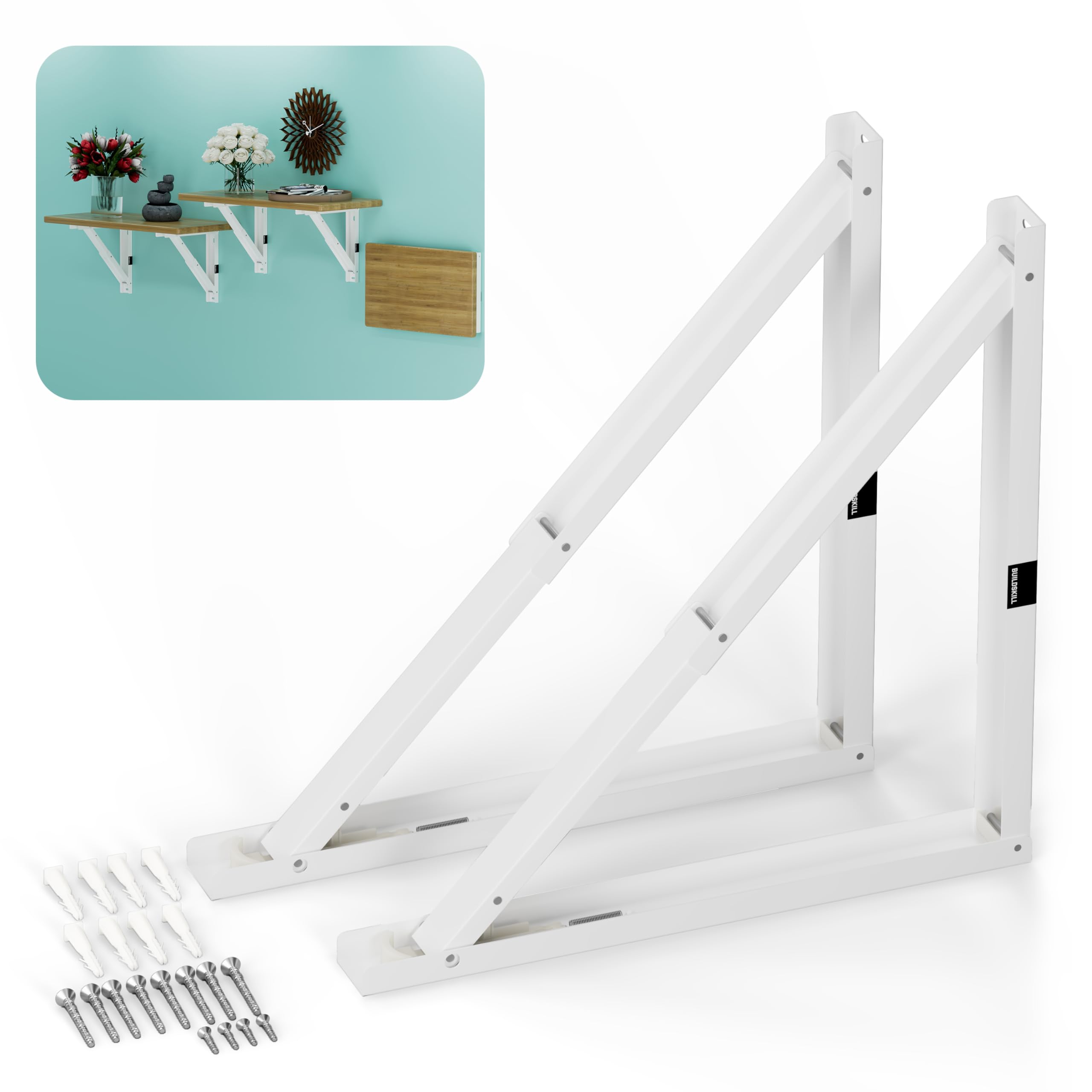 Buildskill 20" Folding Shelf Bracket, 1.2mm Heavy-Duty Folding Table Bracket, Corrosion Resistant & Space-Saving Design, Brackets for Wall Shelves & Workstations, Home & Office Use (White) (Set of 2)