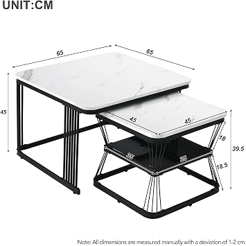 ModernLuxe 2-in-1 Coffee Table, Square Nest of Tables, Multi-functional Side Table with Black Metal Frame Legs and Marble Pattern White Top, Nesting Tables for Living Room Bedroom