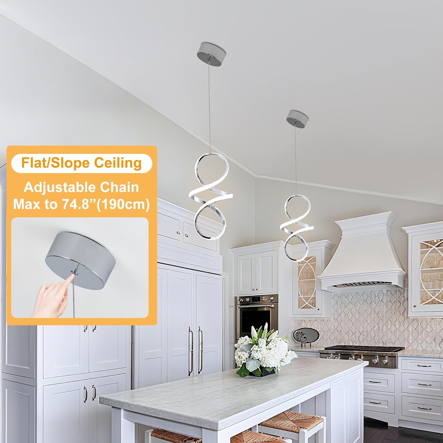 MAYNA Spiral Modern Pendant Light, 4000K Natural White LED Pendant Lights Kitchen Island, 18W Adjustable Height Island Lights for Kitchen Bedroom Dinning Room Living Room, 1 Pack (Chrome)