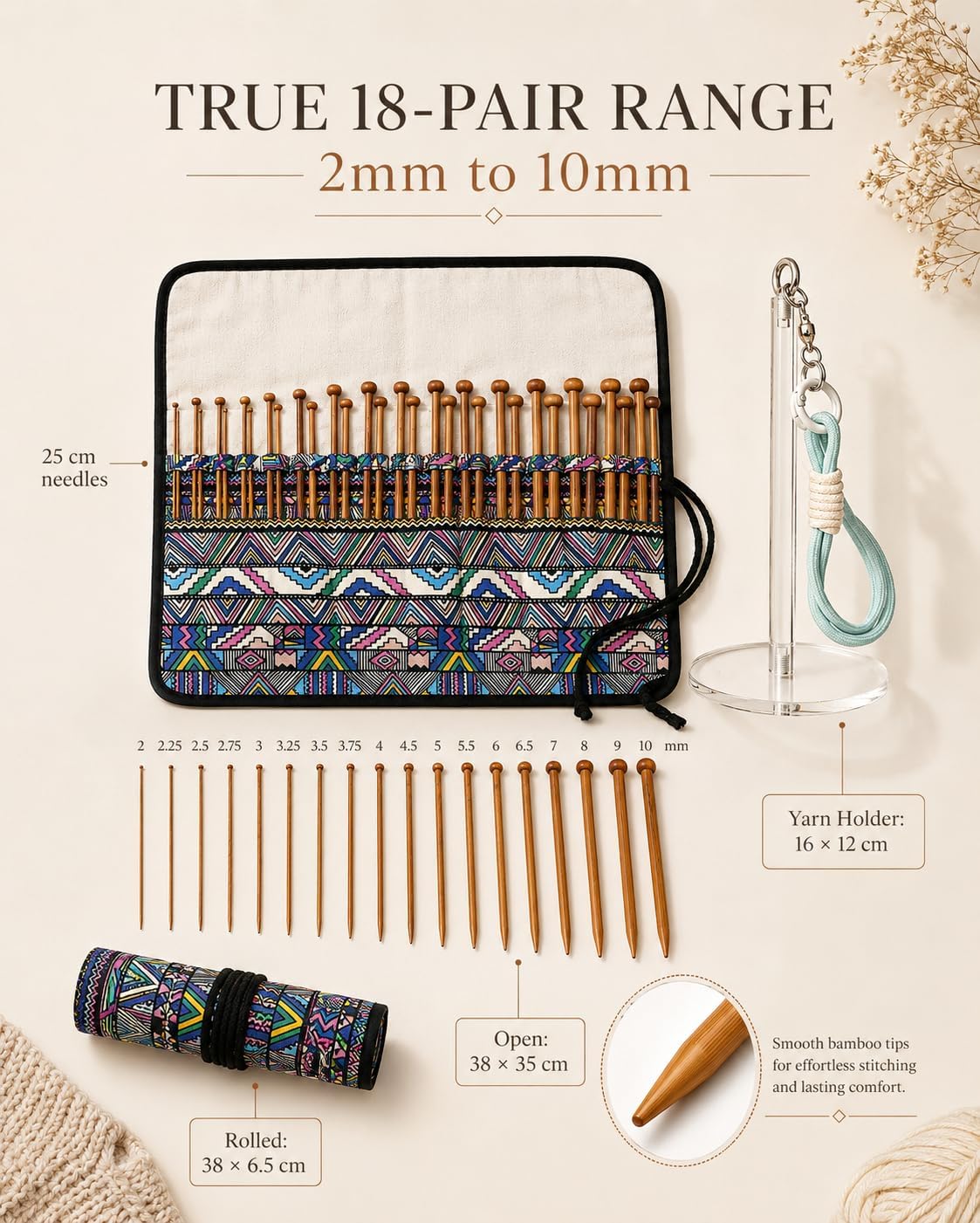 Beginner Knitting Kit, 18 Pairs Bamboo Knitting Needles with Yarn Holder