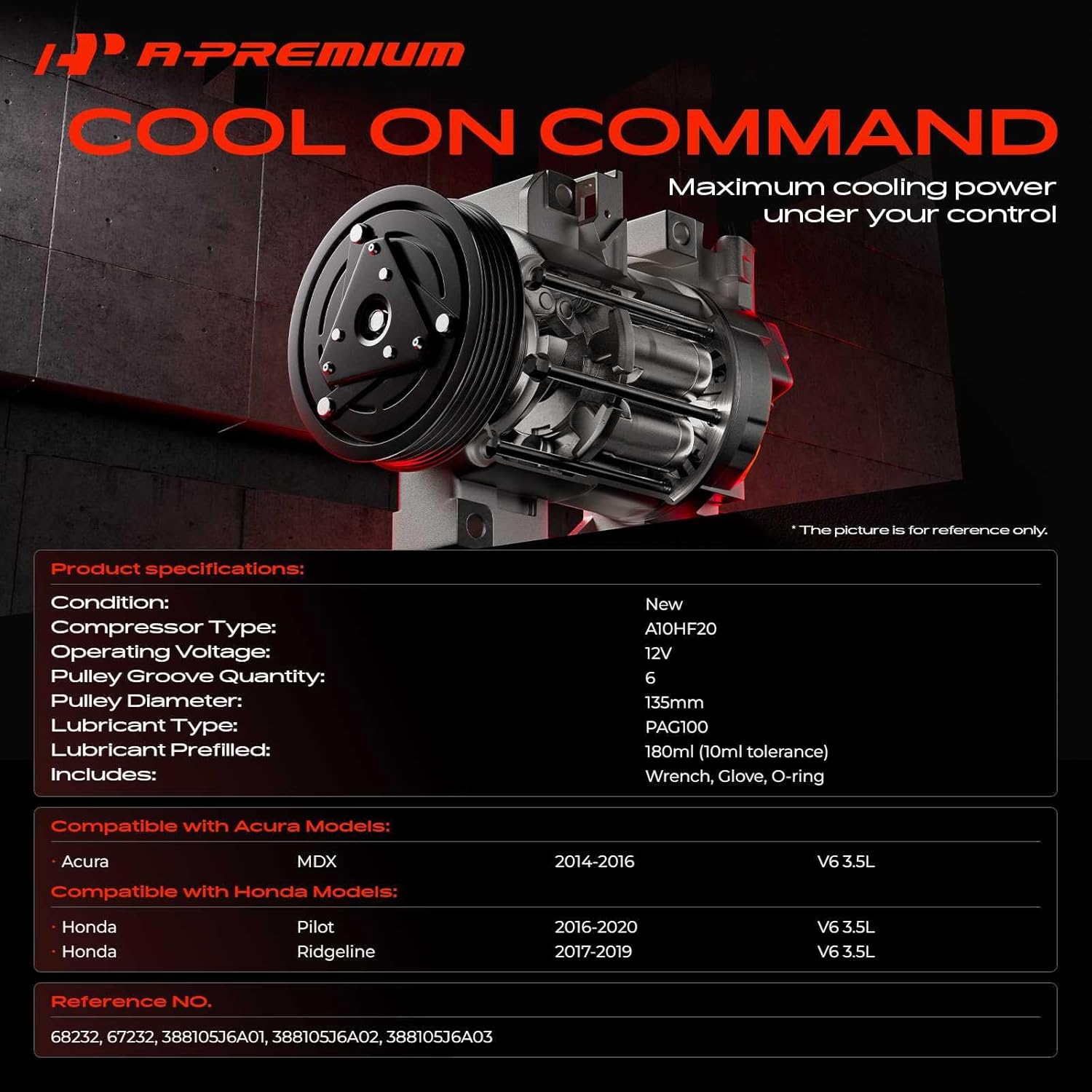 A-Premium AC Compressor Compatible with Acura MDX 2014-2016 & Honda Pilot 2016-2020, Ridgeline 2017-2019, with A10HF20 compressor, with 6-Groove Pulley