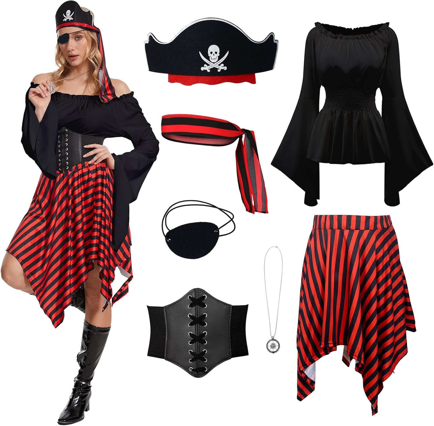 Gumyawl 7 Pcs Women Pirate Costume Renaissance Shirt Medieval Dress with Compass Necklace Medieval Pirate Set