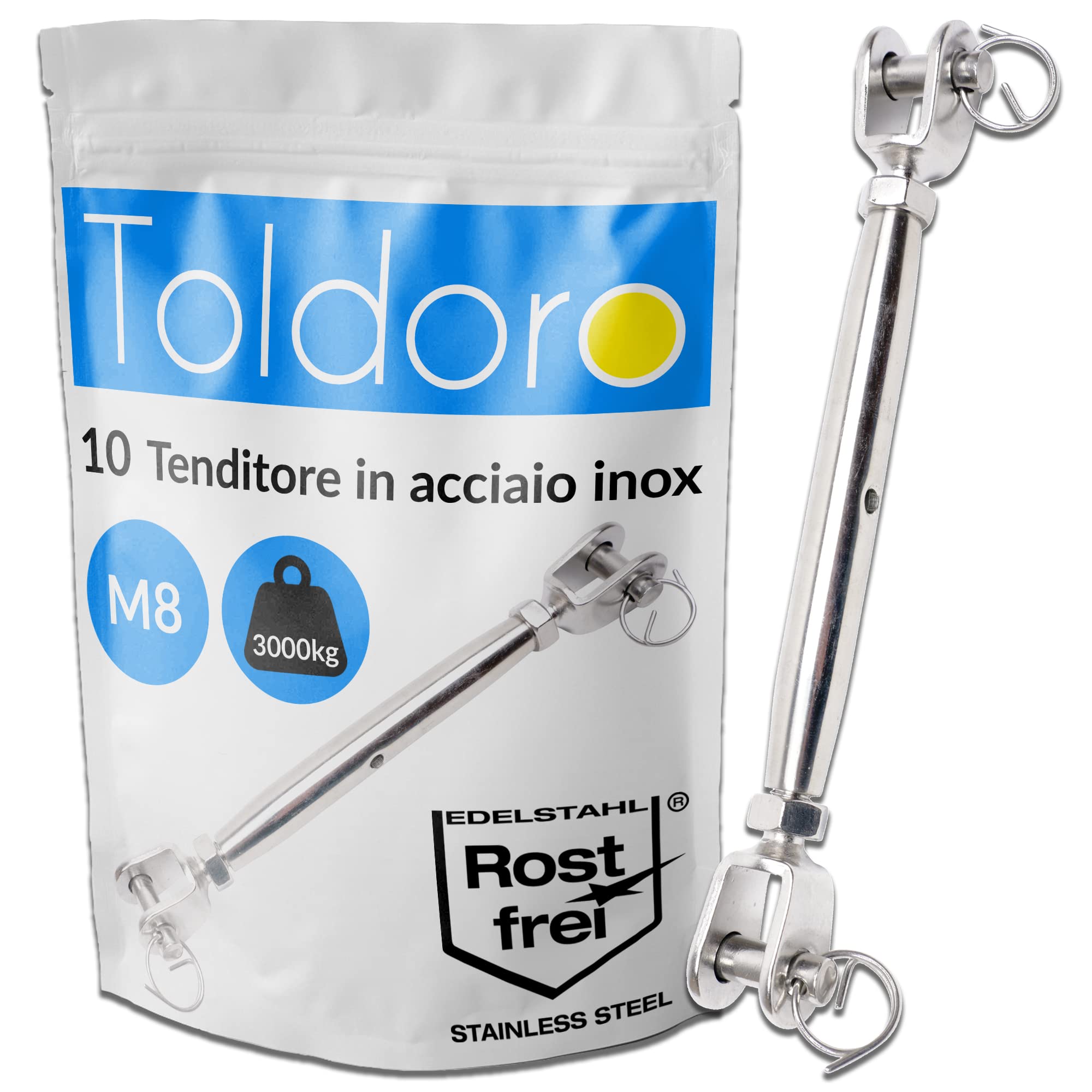 Toldoro, 10 tenditori M8 in acciaio inox, gancio, tirante per sartiame, tendicinghia a doppia forcella per fune, per tendone e barca a vela, forma chiusa