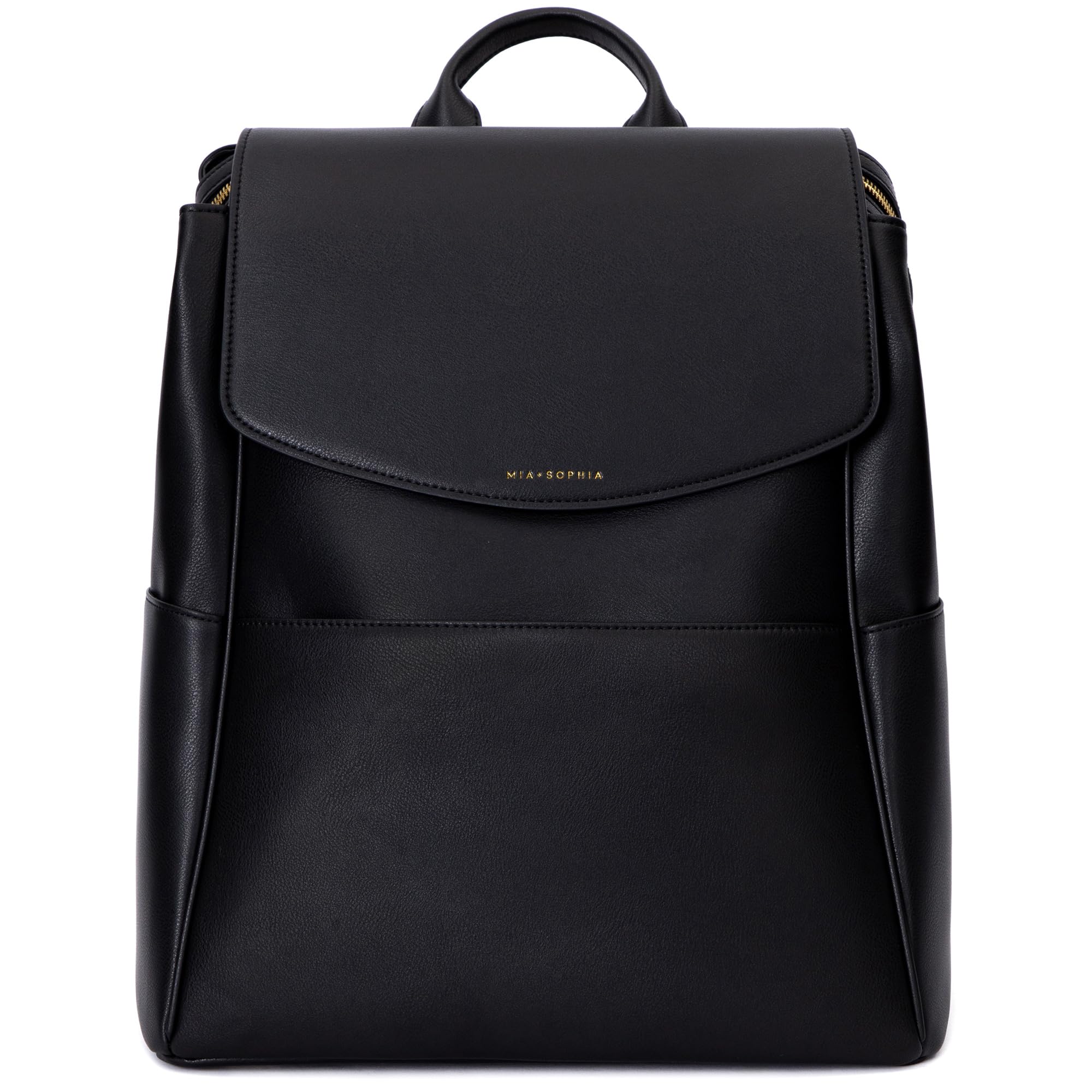 Leather Diaper Bag Backpack with USB Charging port, Changing Pad, Stroller Straps, and Bottle Holder (Black Olivia)