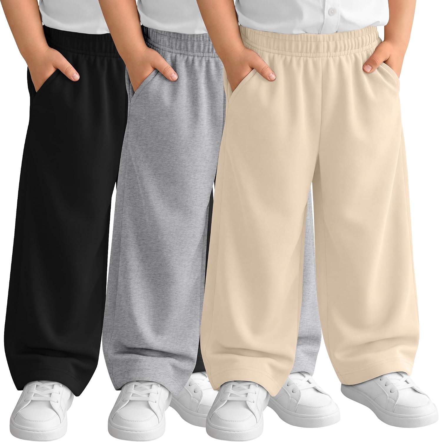 3 Pack Toddler Girls Baggy Sweatpants Kids Wide Leg Long Pants Lightweight Open Bottom Jogger with Pockets