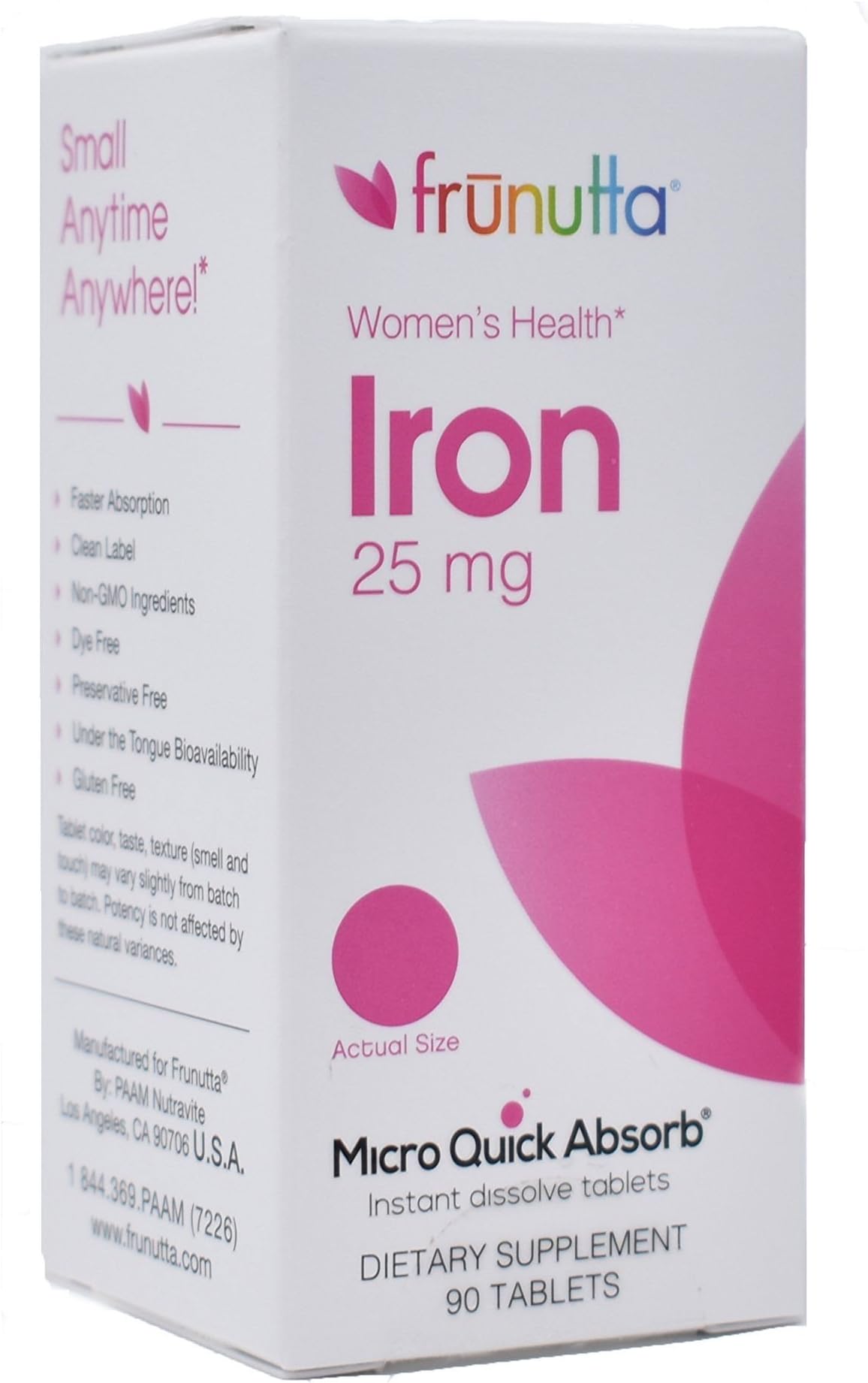 Frunutta Womens Health Iron Under The Tongue Instant Dissolve Tablets - 25 mg x 90 Tablets - for Iron Deficiency in Anemia or Pregnancy - Dietary Supplement- Non-GMO, Gluten Free