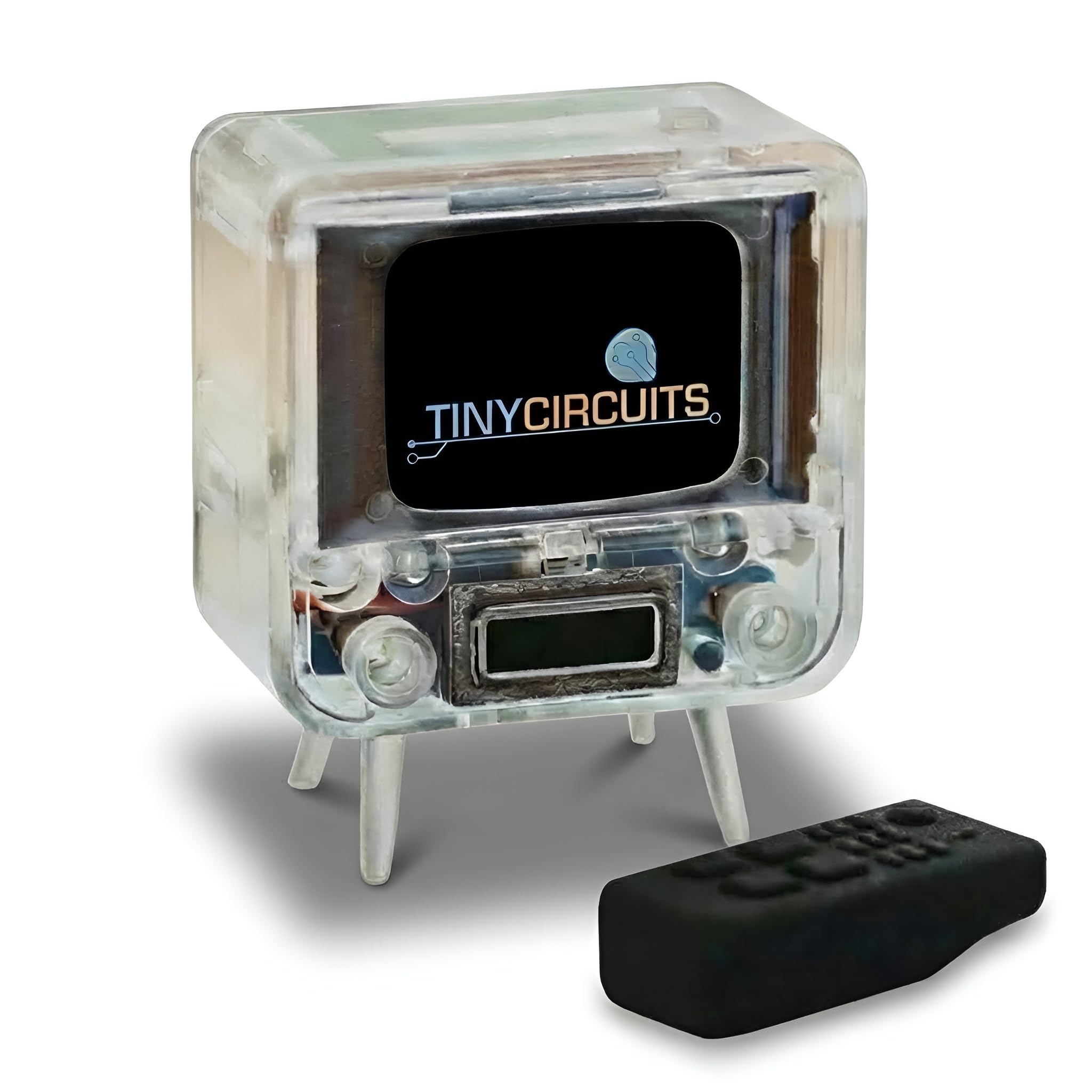 TinyCircuits TinyTV 2 Portable Retro Mini TV – 1.14″ IPS Screen, Preloaded & Uploadable Videos, USB-C Rechargeable, Knob Controls + Tiny Remote (Clear)