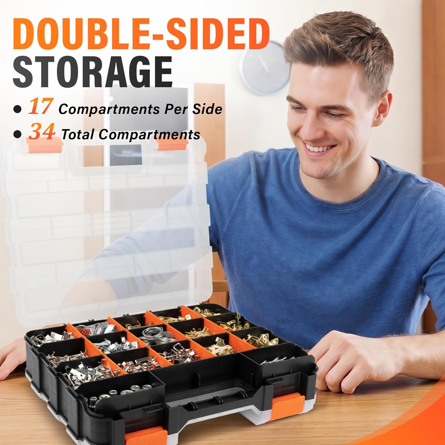 DIYSELF 4 Pack Tool Box, Double-Sided 34-Compartment Tool Organizer with Clear Lid, Small Parts Organizer with Adjustable Storage Space for Garages, Workbenches, Cabinets and Fishing Tackle Storage