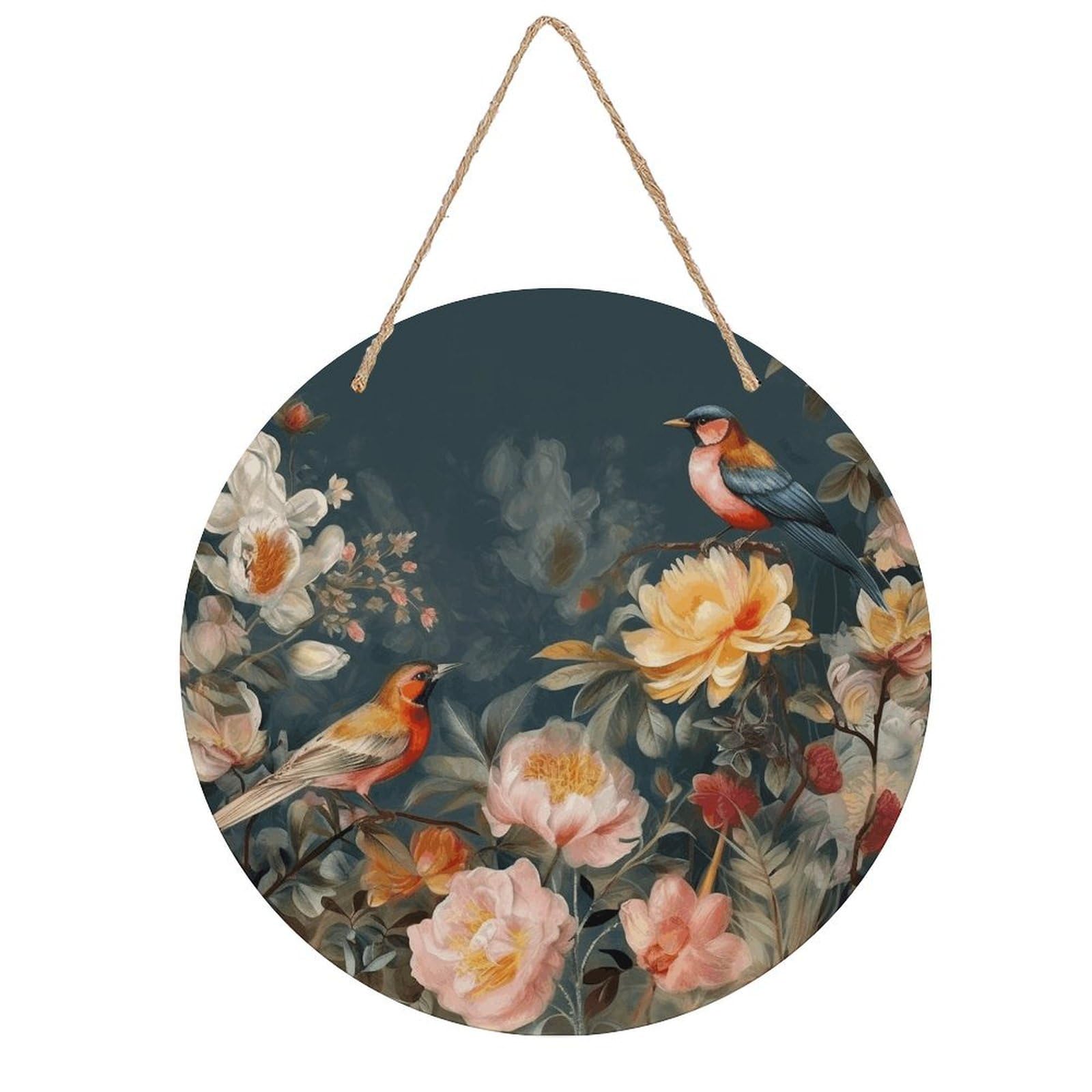 VstaDank Flowers Birds Wall Art Decor with Ropes Wooden Hanging Sign Hanging Wall Decor Artwork Round Wood Painting Modern Wall Prints Decor Picture for Office Bar Home Decors