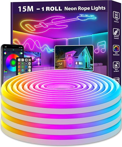 AILBTON 15m Neon Led Strip,Waterproof Flexible LED Streifen Outdoor,Control with App/Remote,Multiple Modes,Music Sync Gaming Led Strip Lights for Bedroom Indoor