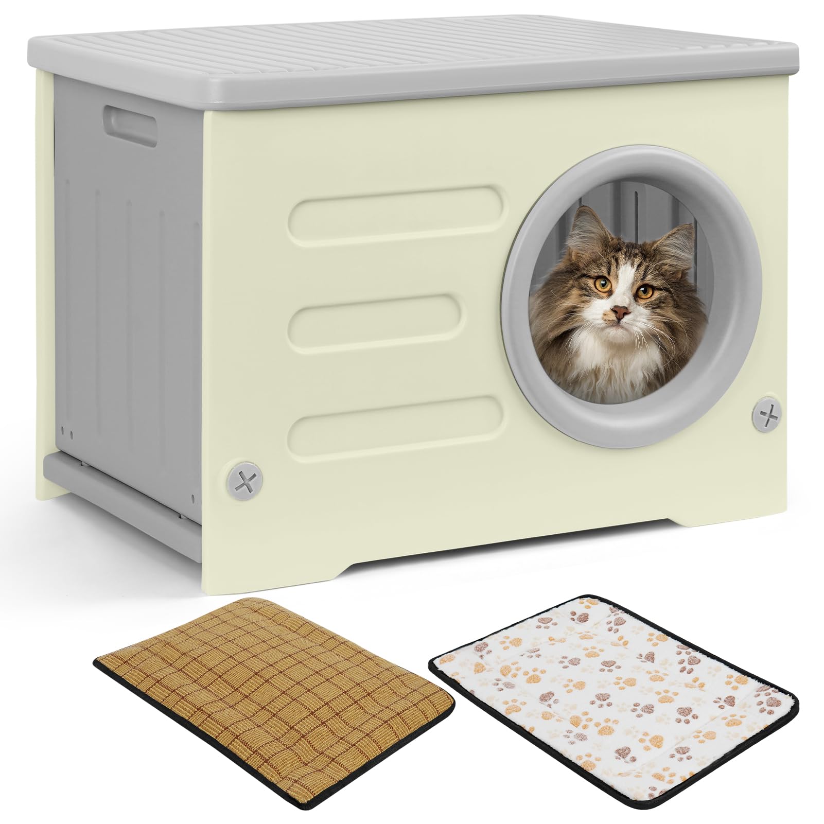 Plastic Cat House for Indoor and Outdoor Use Weatherproof Shelter Raised Design with Double Sided Mats Cat House for All Seasons (Grey, 54 * 41 * 38CM)