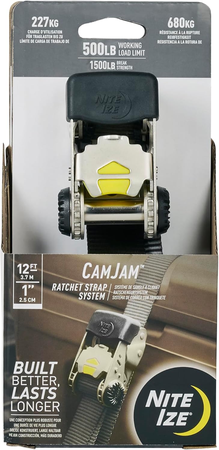 Nite Ize CamJam Ratchet Strap System - Easy-Release Patented Lever Pawl - Tie Down with Adjustable Positioning for Varied Configurations - 500 lb Working Load Limit - Black - Small