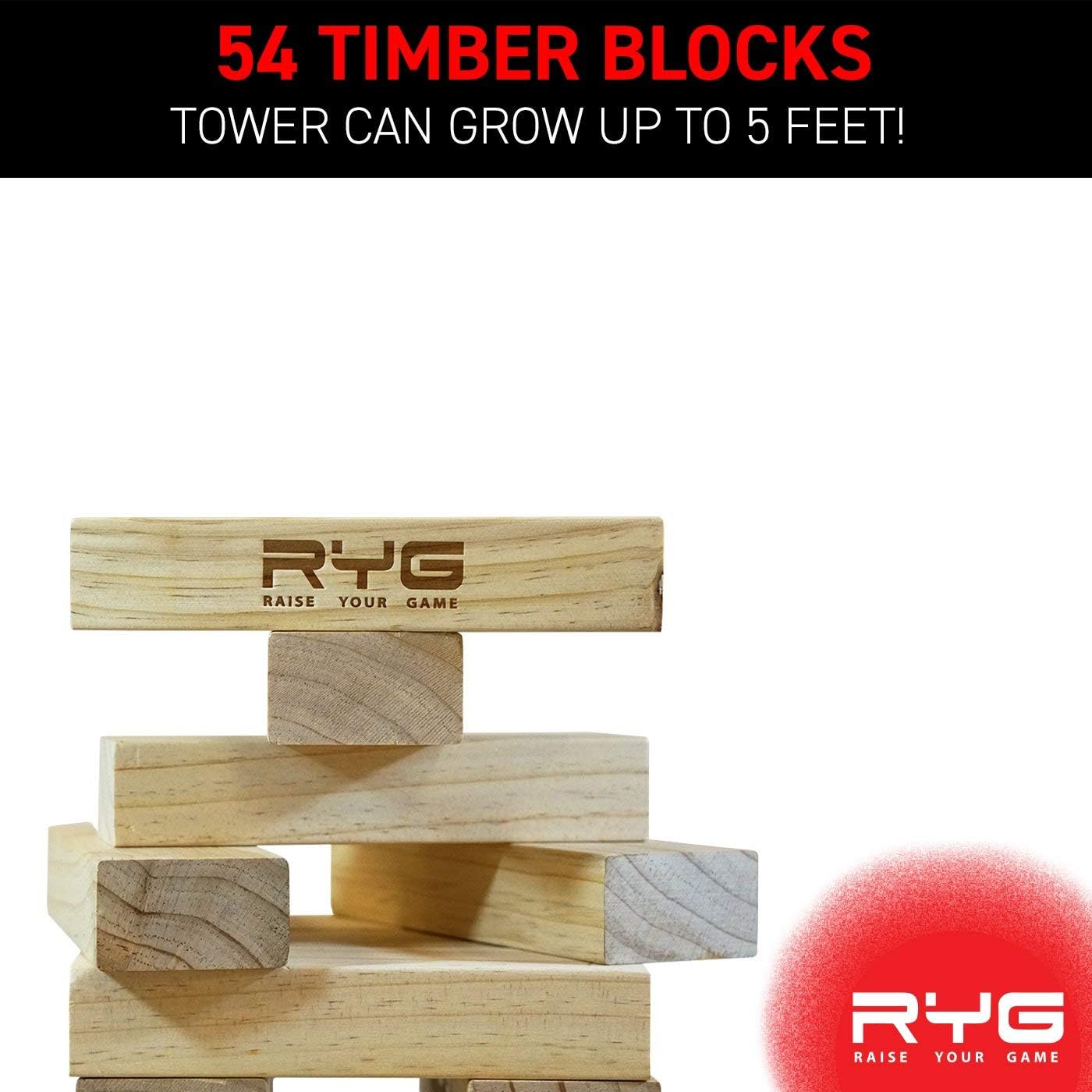 Raise Your Game Giant Wooden Tower (Stacks to a Maximum of 5 feet), Large Tumbling Block Timbers , Wood Stacking Game Jumbo Backyard Set with Carrying Case