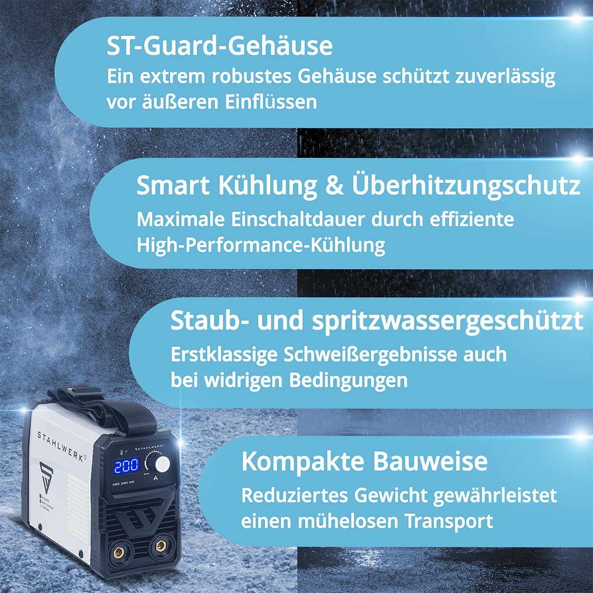 STAHLWERK Elektroden-Schweißgerät ARC 200 MD – Vollausstattung – MMA (E-Hand) bis 200 A, flexibel einsetzbar ohne Gas, kompakt & leicht, Smartkühlung, Hotstart-Automatik, Anti-Stick-Funktion