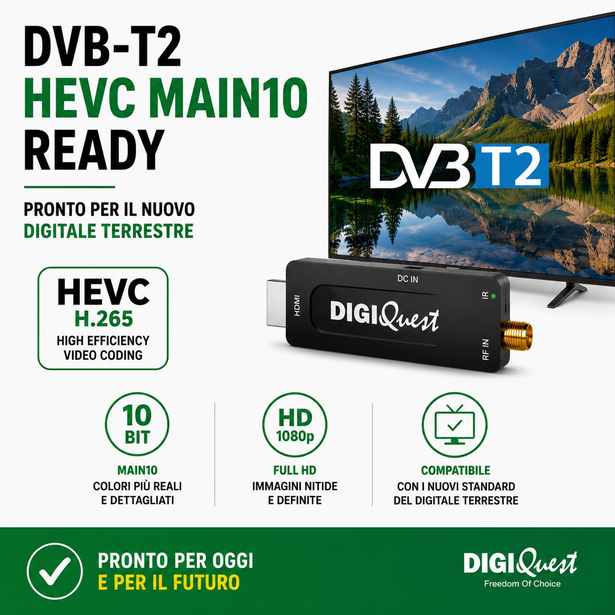 Digiquest DecoderTerrestre, XO Stick, DVB-T2, Schwarz - Sparen Sie Energie durch die Stromversorgung des Fernsehgeräts, 2-in-1-Fernbedienung, ideal für Wandfernseher