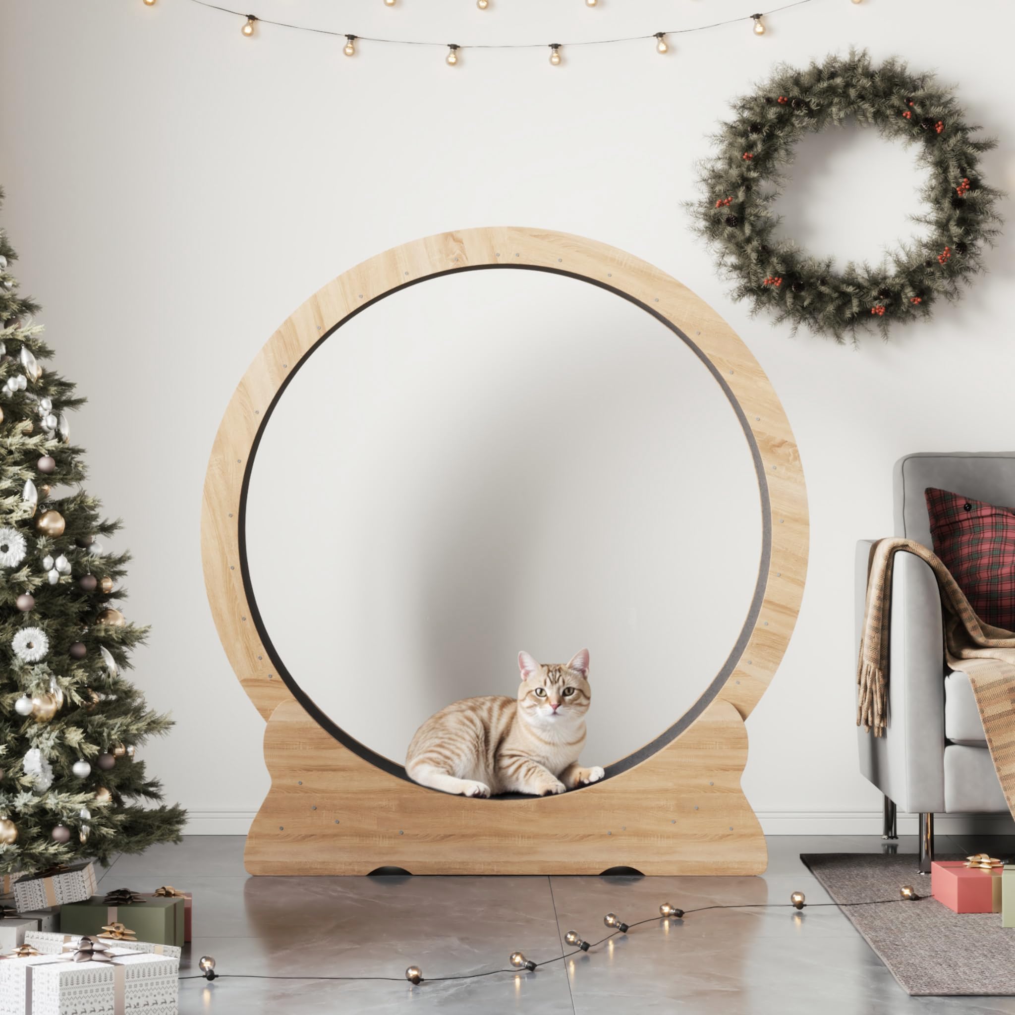 Mondeer Rueda para gatos, ejercicio para gatos de interior con pista alfombrada, cinta de correr XL de 43.3 pulgadas con alfombra extraíble, para correr y caminar (madera natural)