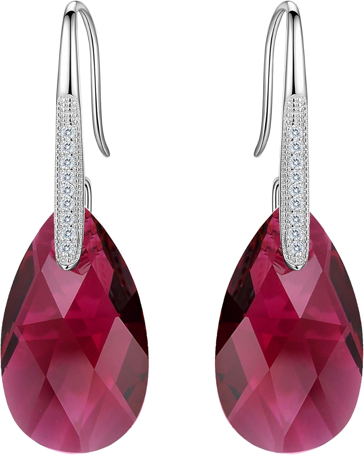 EleQueen 925 Sterling Silver CZ Teardrop Shepherd Hook Dangle Earrings Fuchsia Made with Austrian Crystal for Women Girl, Valentine's Day/Mother's Day/Christmas Jewelry Gift for Girlfriend/Mom