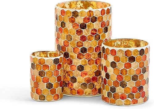 Two's Company 53235 - Portavelas de mosaico de panal de abeja, juego de 3 en 3 tamaños, cristal, multicolor