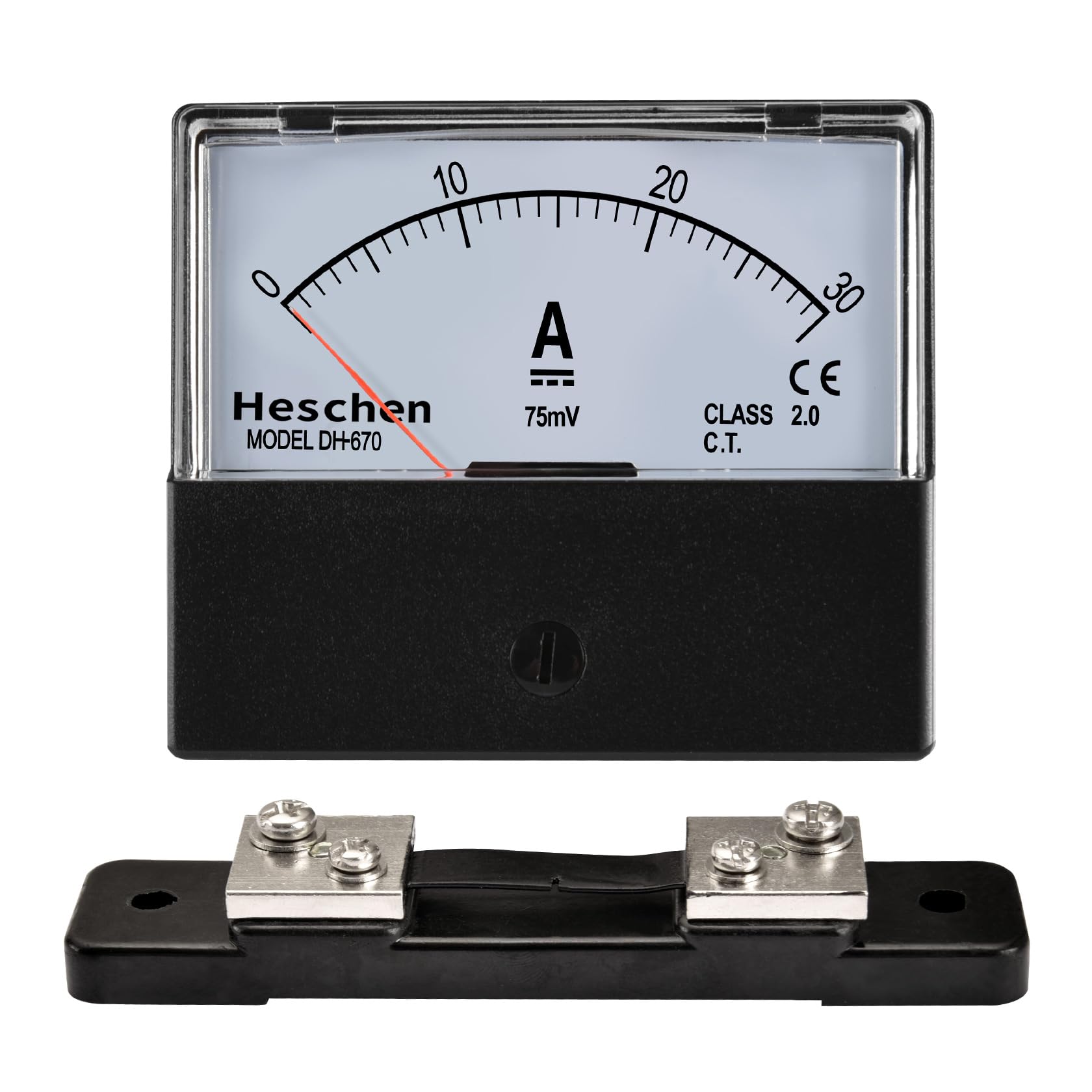 Heschen Rectangular Panel Mounted Electricity Meter Ammeter Tester, DH-670, DC0-30A, Class 2.0, with Shunt