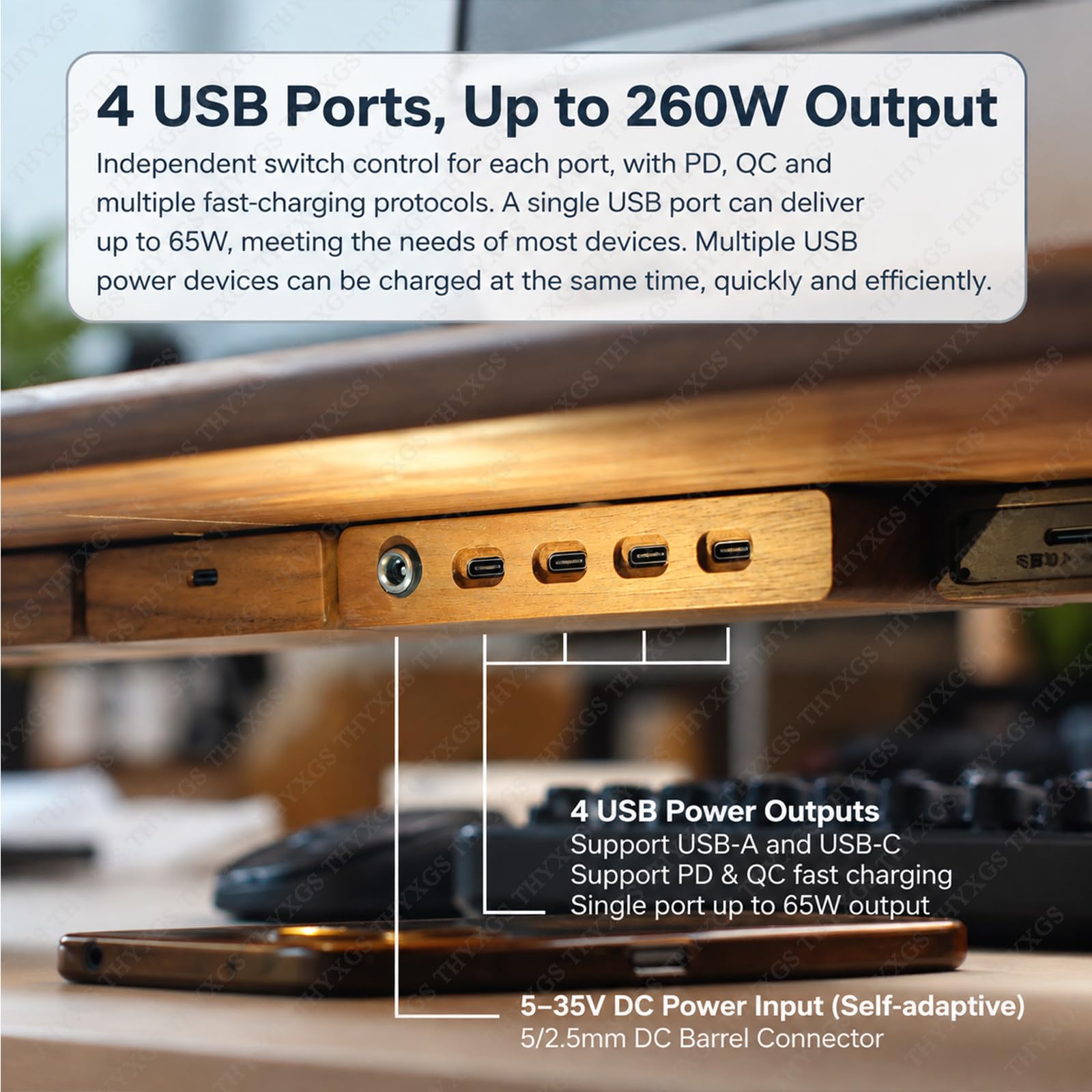 Multipresa USB con Interruttori, Hub di Alimentazione da Scrivania USB A Ricarica Rapida, Controllo Indipendente A 4 Canali, Ingresso Dc 9–30 V, Uscita 65 W X 4, Accessorio da Beech