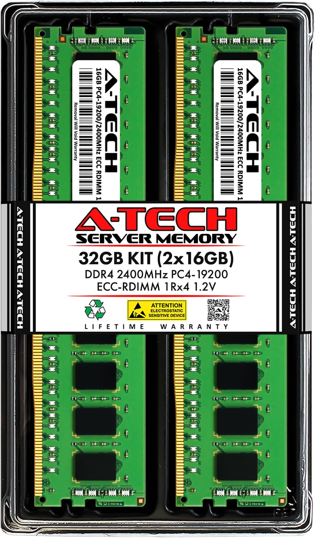 A-Tech 32GB Kit (2x16GB) DDR4 2400MHz PC4-19200 ECC RDIMM 1Rx4 Single Rank 1.2V ECC Registered DIMM 288-Pin Server & Workstation RAM Memory Upgrade Modules (A-Tech Enterprise Series)