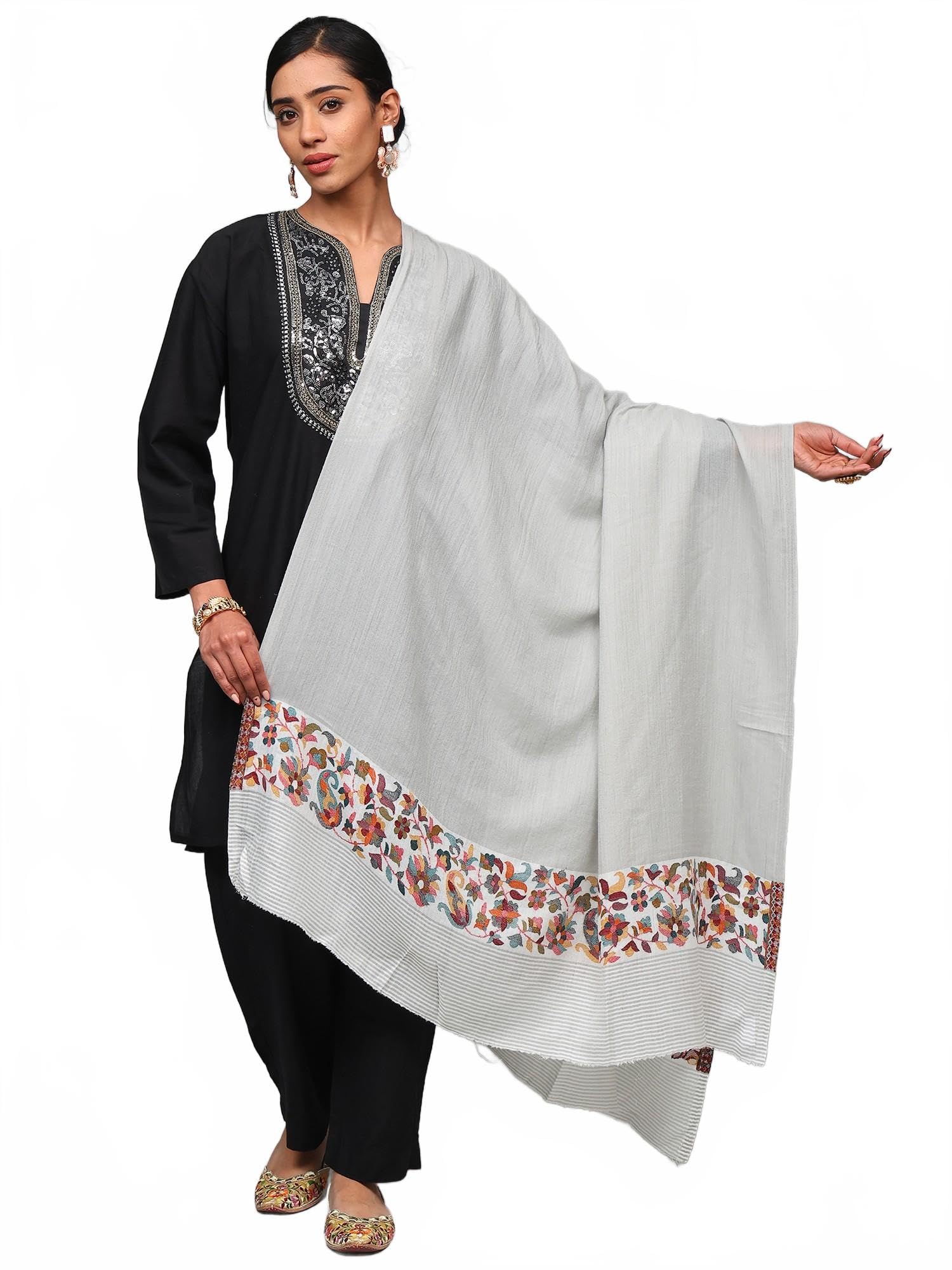 exotic india Amritsar Wool Silk Shawl with Paisleys and Flowers Woven Kani Border Ethnic Design Stole, Scarves for Women's-picture-29