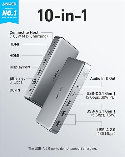 Miniatura 2 de Anker Estación de acoplamiento USB C 10 en 1, estación de acoplamiento Displaylink con HDMI dual y DisplayPort para portátiles Windows, MacBook