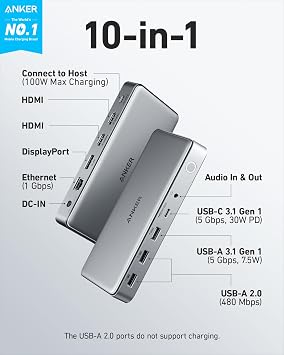 Anker Docking Station (DL6350), 10-Port Triple Display with Displaylink, Docking Station with Dual HDMI and DisplayPort for Windows Laptops, MacBook Air/Pro and More