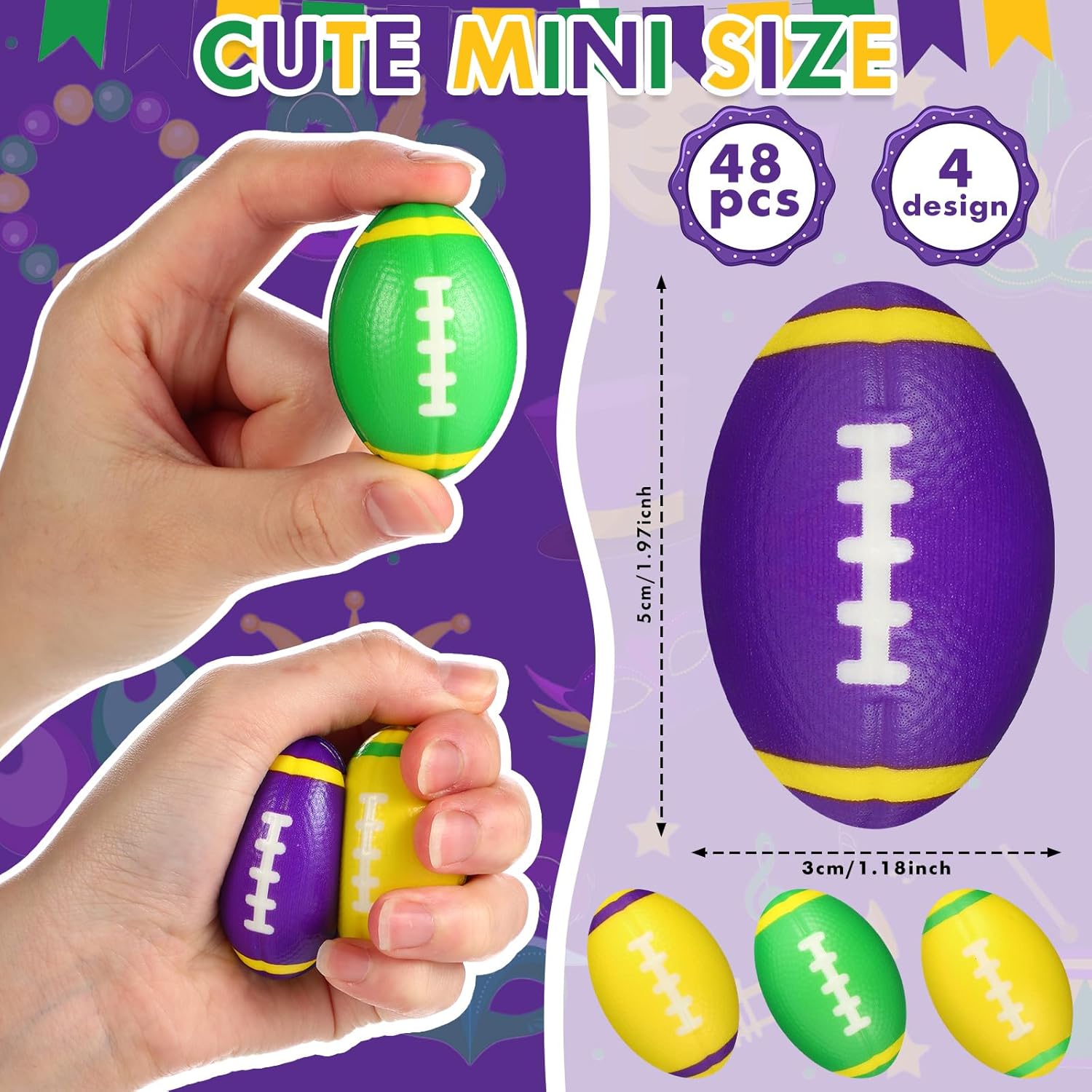 48 Pcs Mardi Gras Throws Mini Foam Football Bulk Stress Balls 2in Relief Sports Balls for Carnival Reward Party Game Favors Decorations Sports Event Gift Suitable for 15+ People