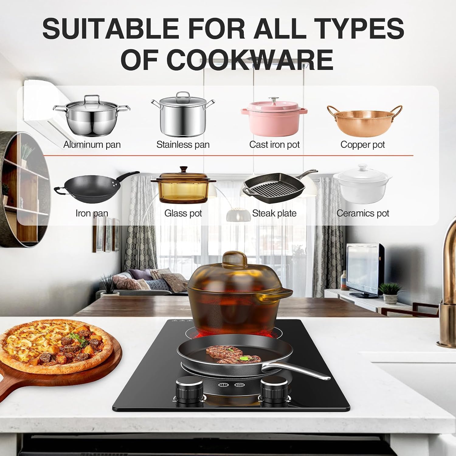 Plaque Vitrocéramique 2 Feux 3000W, Plaque de Cuisson Électrique Encastrable et Pose Libre 51cm, Compatible Tous Ustensiles, Réchaud avec Sécurité Enfant pour Appartement