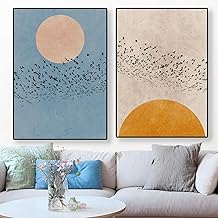 Abstract Moon Silhouette Birds Print Canvas Painting Minimalist Blue Nature Poster Scandi Nordic Wall Pictures Home Decor 40x60cm-2Pieces Frameless