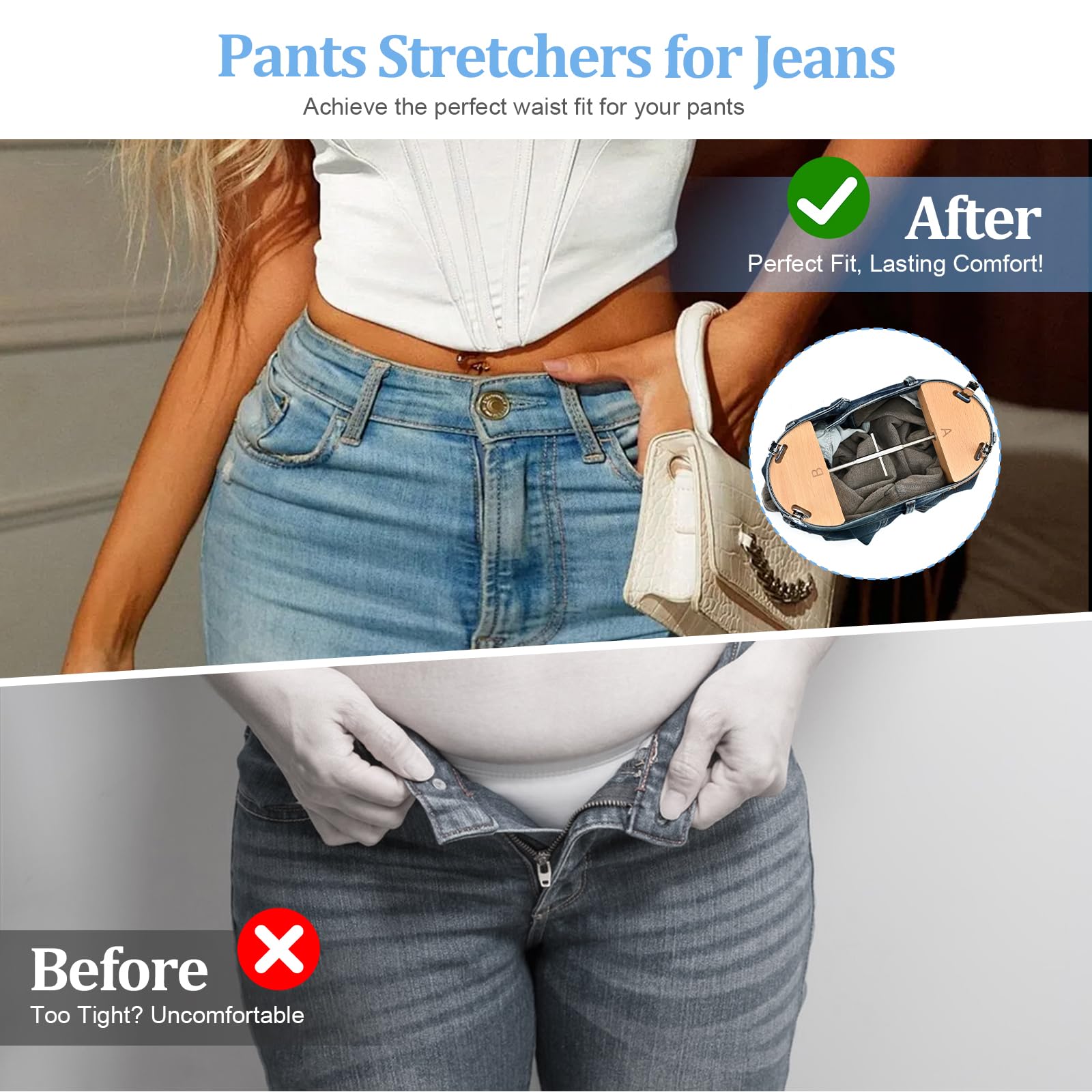 Estirador de Cintura para Vaqueros y Pantalones, Extensor Ajustable 64-151 cm de Madera de Haya, Unisex para Pantalones y Faldas