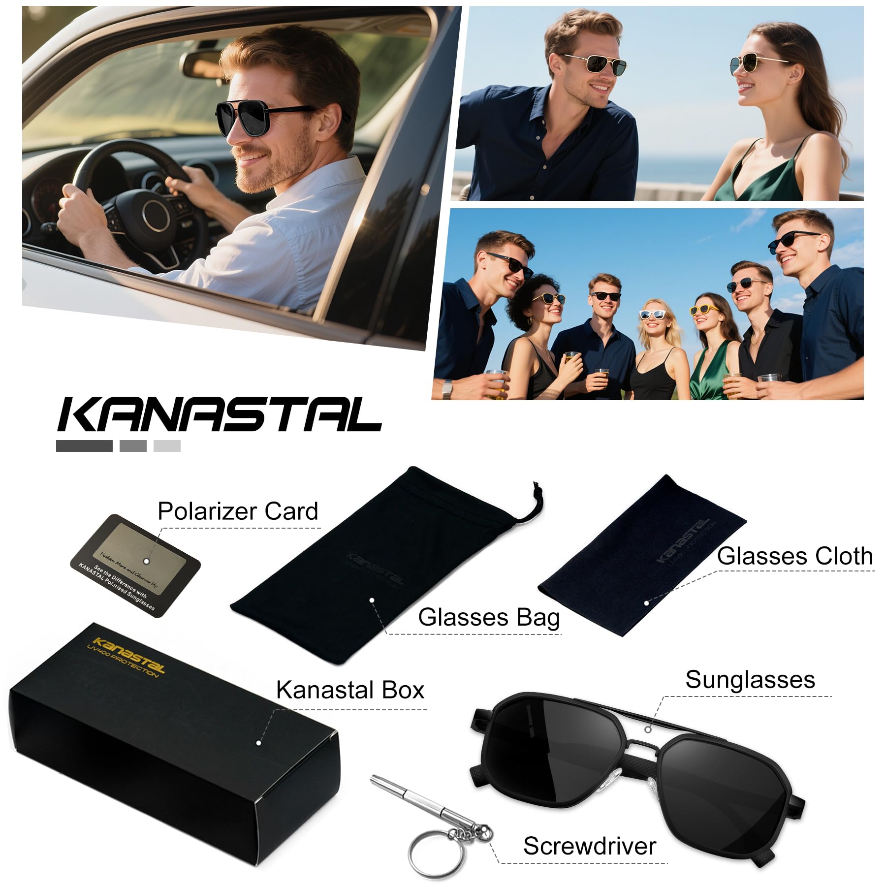 KANASTAL Occhiali da Sole Uomo Donna Polarizzati Goccia con Protezione UV400 Quadrati Doppio Ponte Vintage Grandi Metallo Alla Moda