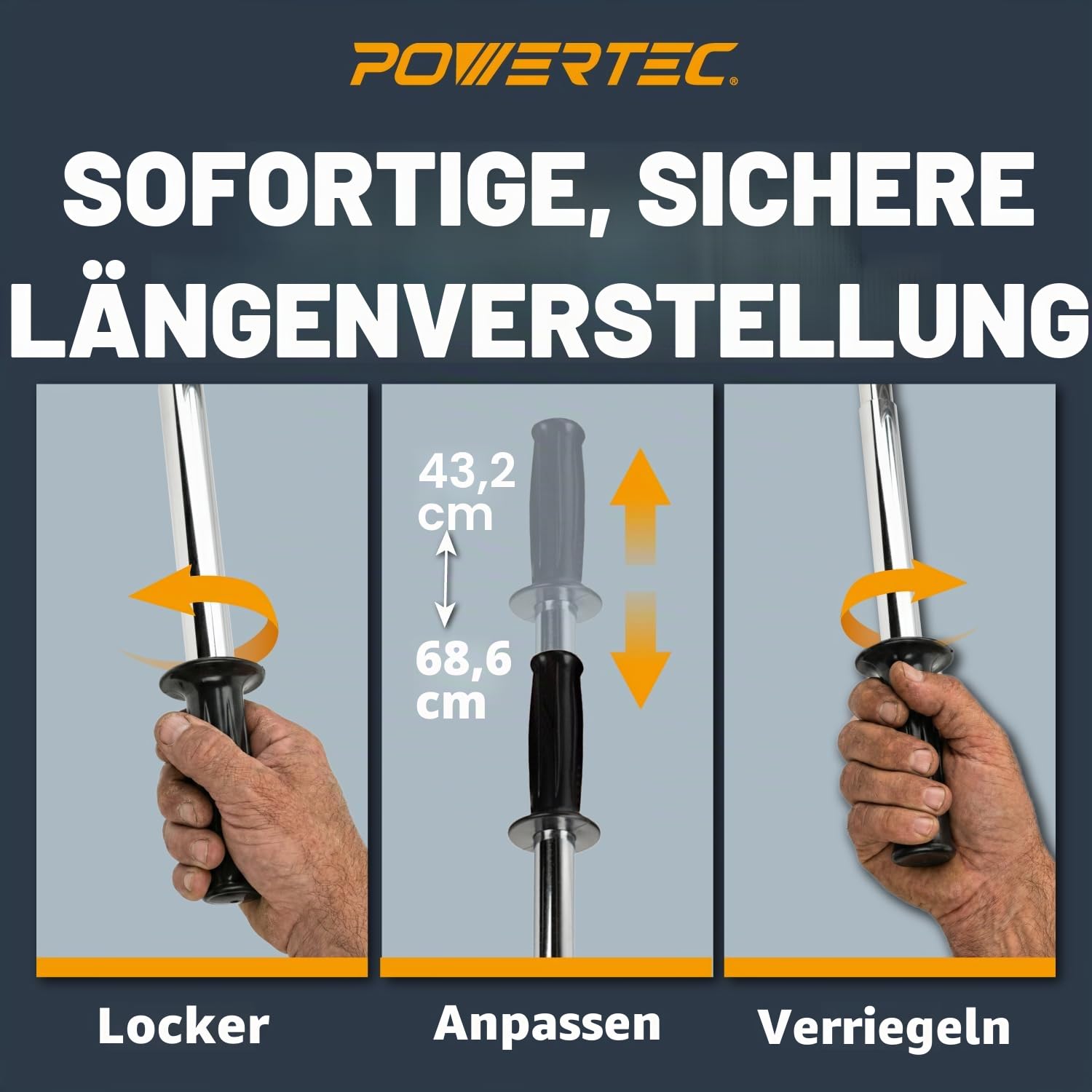 POWERTEC 71033 Ausziehbare Boden- und Wandrolle für Vinylböden, Fliesen und Linoleum, Walze mit ausziehbarem Griff von 43 cm bis 67 cm, 19 cm breit, für LVP, Furnier, Teppich, Wandverkleidungen, 1