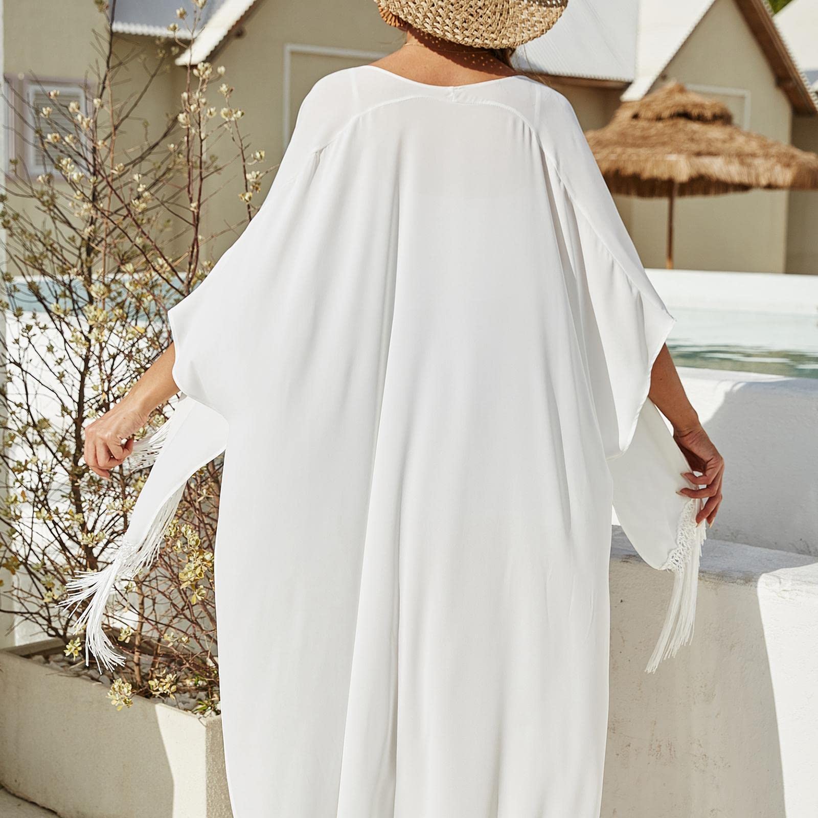 CALANDIS™ Summer Women Cardigan Open Front Tops Beach Kimono Bikini Cover Ups 110x95cm White | Womens Clothing-image-34