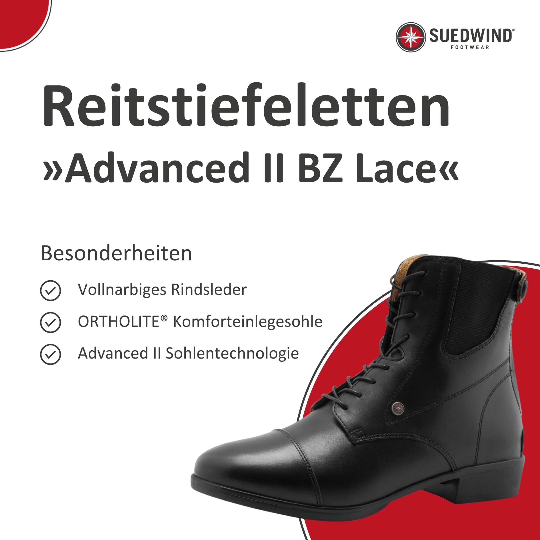 SUEDWIND FOOTWEAR Advanced II BZ Lace Reit-Stiefelette – Rindsleder Schlüpf-Schuh mit Schnürung, Reißverschluss hinten, OrthoLite-Sohle & Gummisohle – Boots – Schwarz – Gr. 35-46