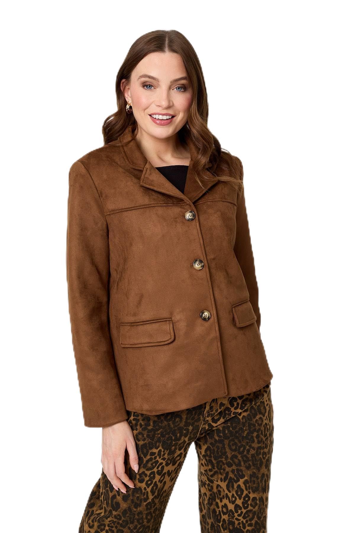 Izabel London Women's Brown Faux Suede Pocket Front Slim Jacket In | Size: 12